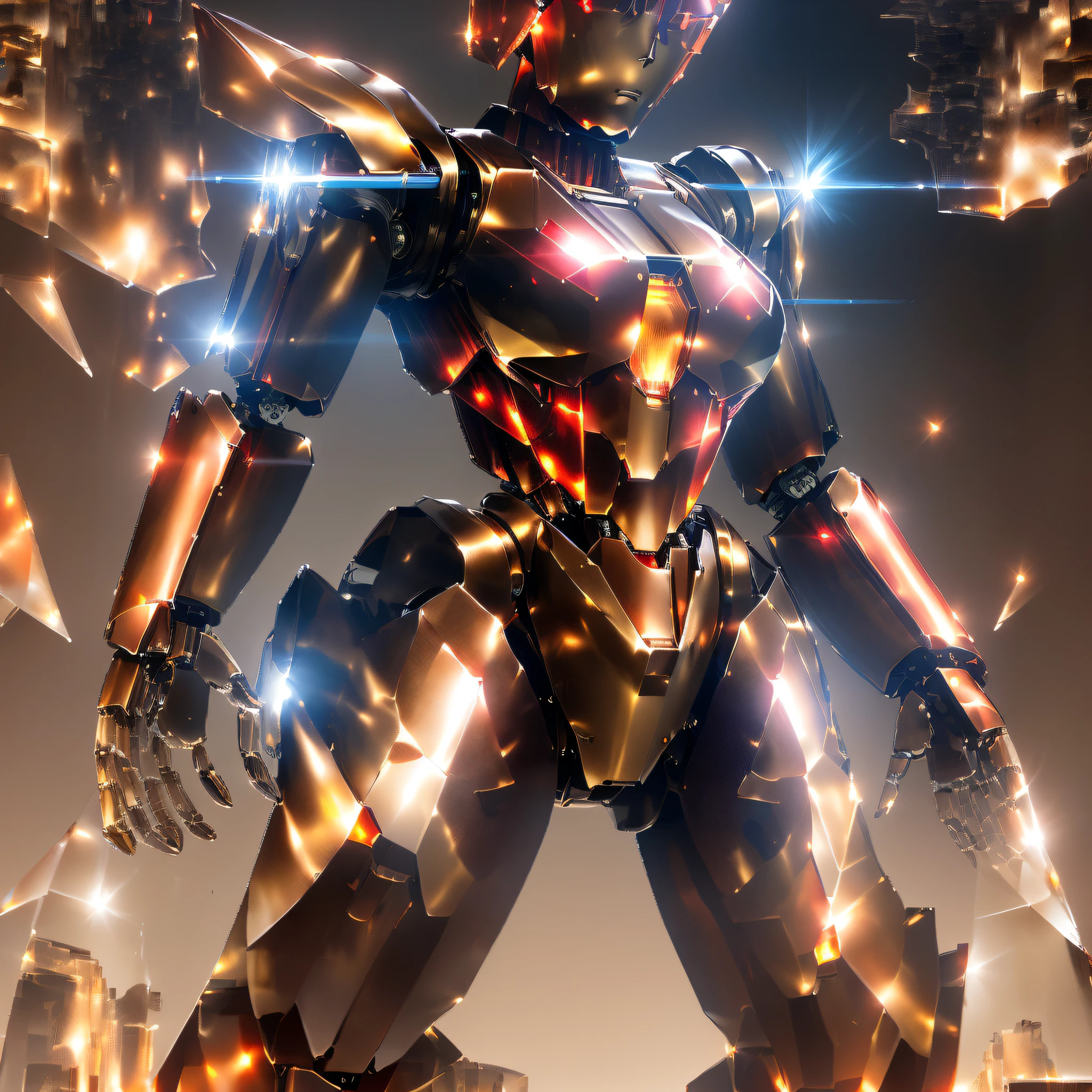 Futuristic robot shield, Red with gold details. Used to protect yourself.(((((Transparent Robot)))))、(((((Partial headless)))))、(((((Wide Shot)))))
