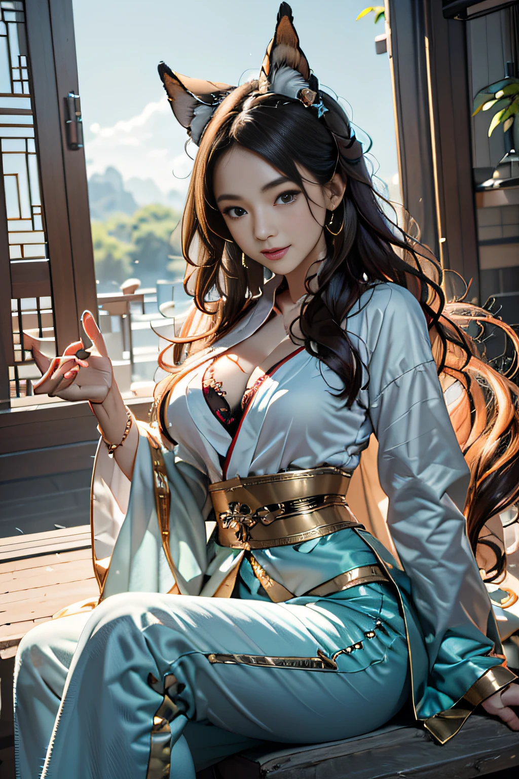 offcial art, 统一 8k 壁纸, ultra - detailed, aestheticly pleasing, tmasterpiece, top-quality, Girl vs, High school students,brunette color hair, jpn,dynamic ungle, Cowboy shot, vivd colour, (Half: 1.2), (Dreams: 1.5), (Han Feng: 1.5),reallistic,A picture,A sexy,fullnude,Soft look,erotick,The place is in the middle of nature,The pants are light blue,Sit on the rocks