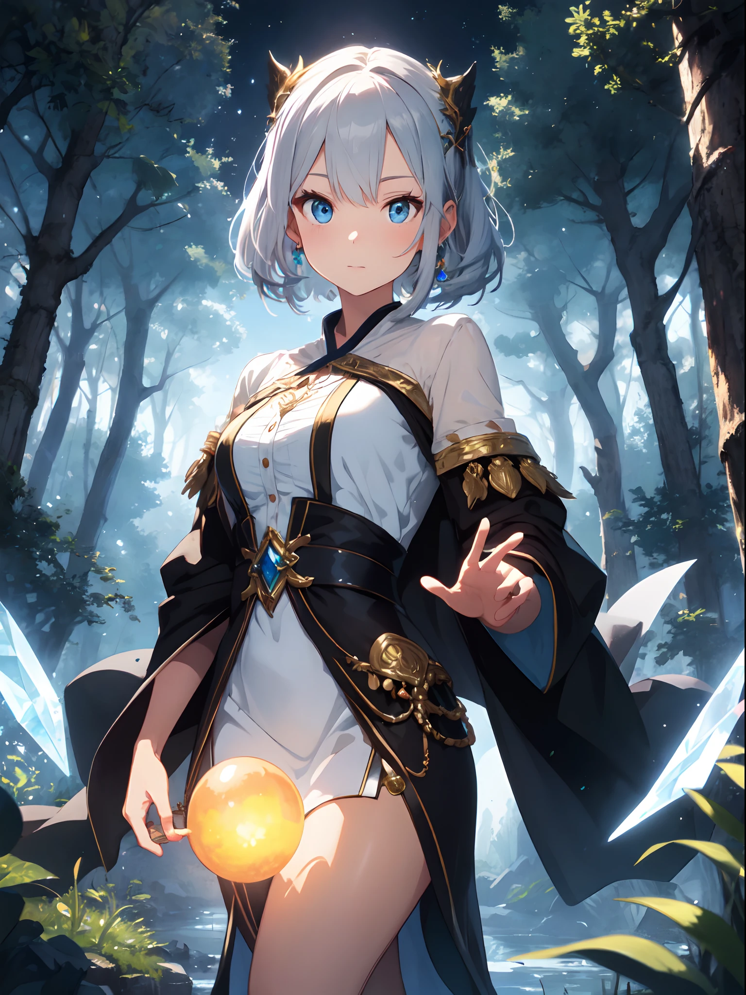 masterpiece, best quality, ultra-detailed, illustration, Character: mysterious sorceress
Style: enchanting fantasy
Features: piercing blue eyes, flowing silver hair, ornate robes
Details: casting a spell, holding a crystal orb, moonlit forest background