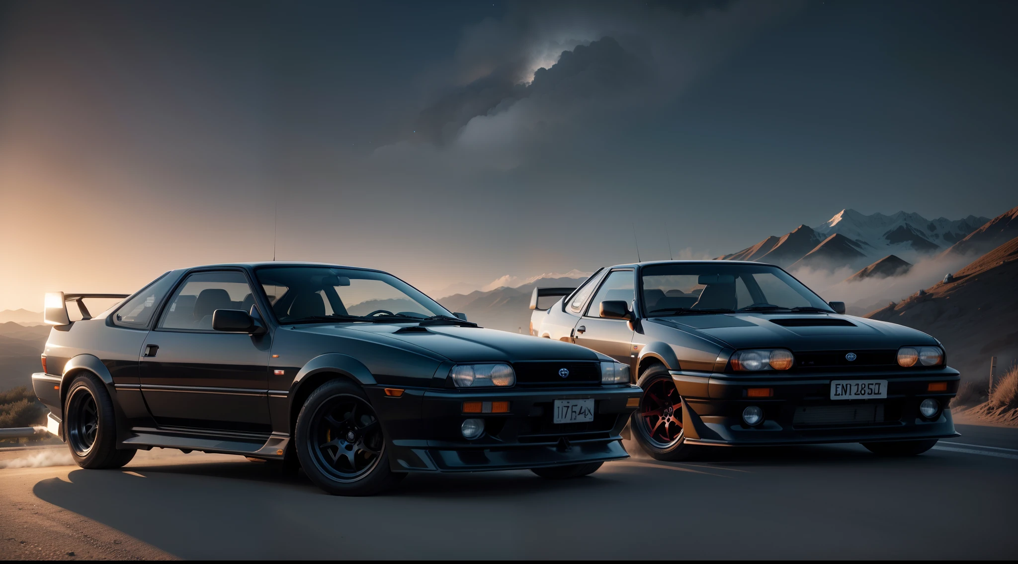 Two cars running on the mountain pass at night,toyota AE86,The body color of the AE86 is Panda Trueno and the upper half is white、The bottom half is black,Nissan GTR(R34),The body color of the R34 is black.,drift,8K,during night,dynamic scene,Sand smoke,Dynamic lighting,Headlights are on,Customized Cars
