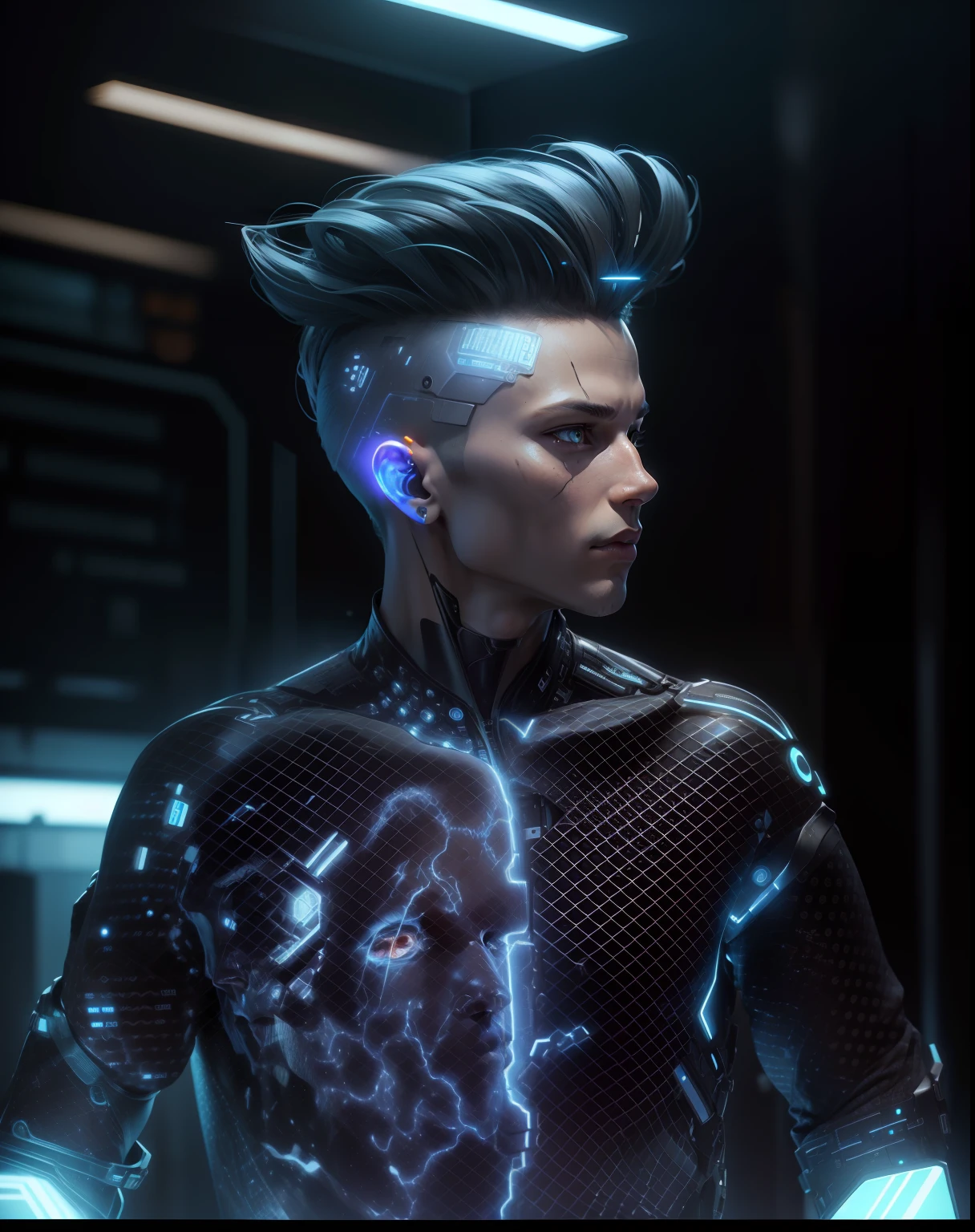 Cyborg Guy | Men's face | Flesh-colored skin | Electronic systems on the head of humanoids | Detailed Brain in Sight | Detailed connection wire | Biopunk | Cybernetics | Cyberpunk | Canon M50| 100 mm| Clear Focus | Hyperrealism | Very detail| Intricate details | Side view |