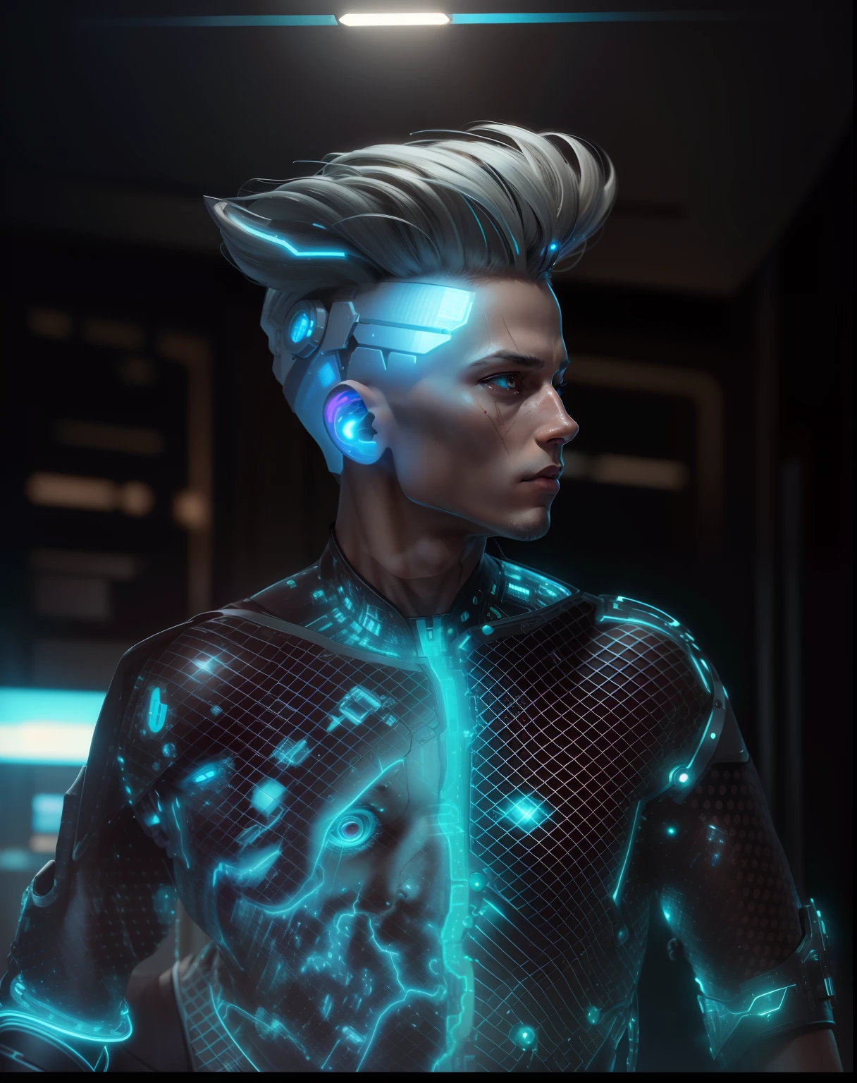 Cyborg Guy | Men's face | Flesh-colored skin | Electronic systems on the head of humanoids | Detailed Brain in Sight | Detailed connection wire | Biopunk | Cybernetics | Cyberpunk | Canon M50| 100 mm| Clear Focus | Hyperrealism | Very detail| Intricate details | Side view |