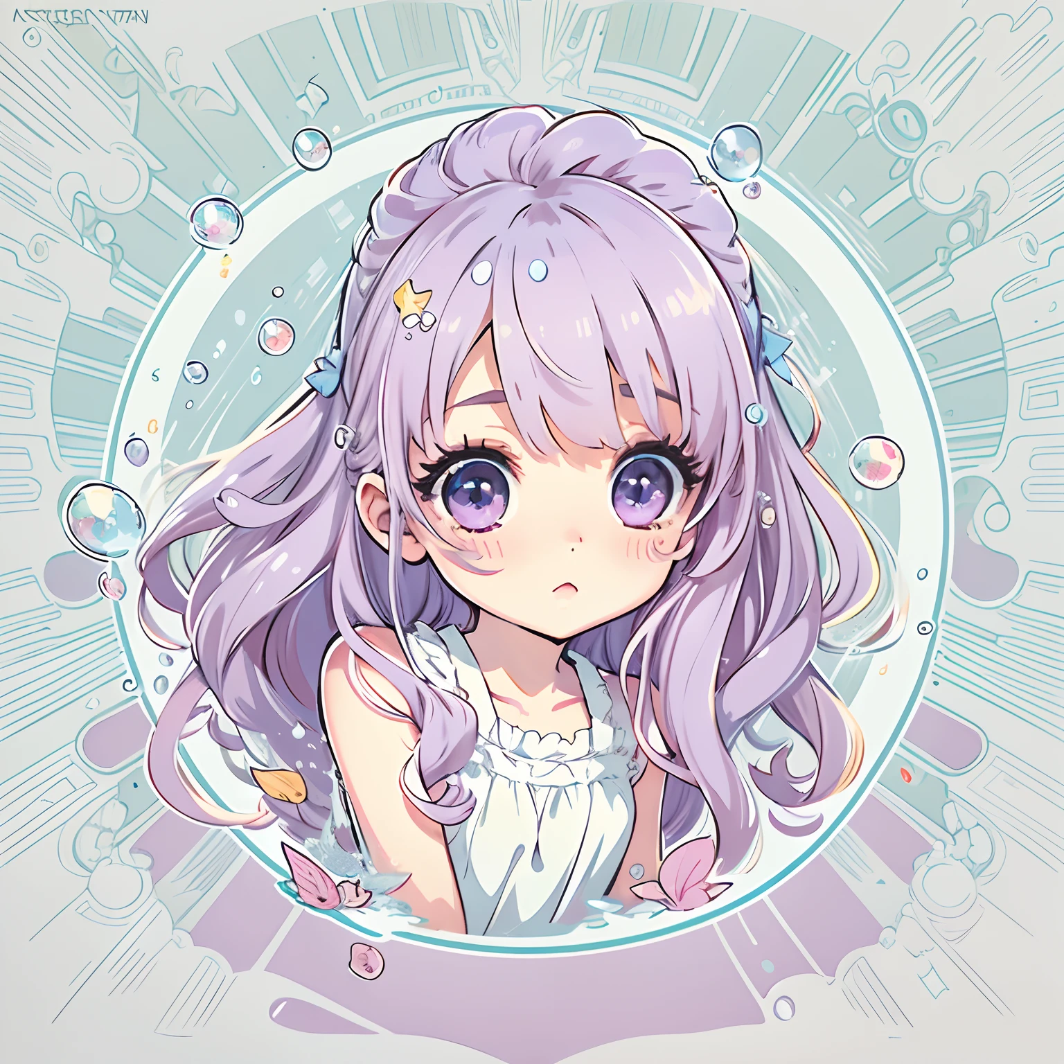 Sticker, Cute anime girl head, Long pink hairstyle,Light purple eyes，Cute white dress，The feeling of water droplets around，in circle, White background, Light blue background，Simple, Ultra detailed, Detailed drawing, vectorised, Silhouette, 8K, professional sticker design, Flat design, Vector lines, Sticker, Drawing, Drawing, Full-HD