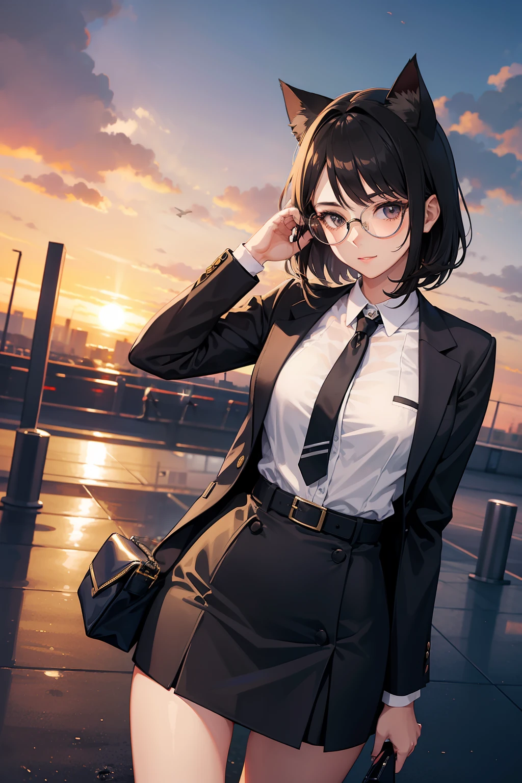 1 girl, elegant face, beautiful, flight attendant outfit, short skirt, cat ears, best details, airport, sunset, glasses