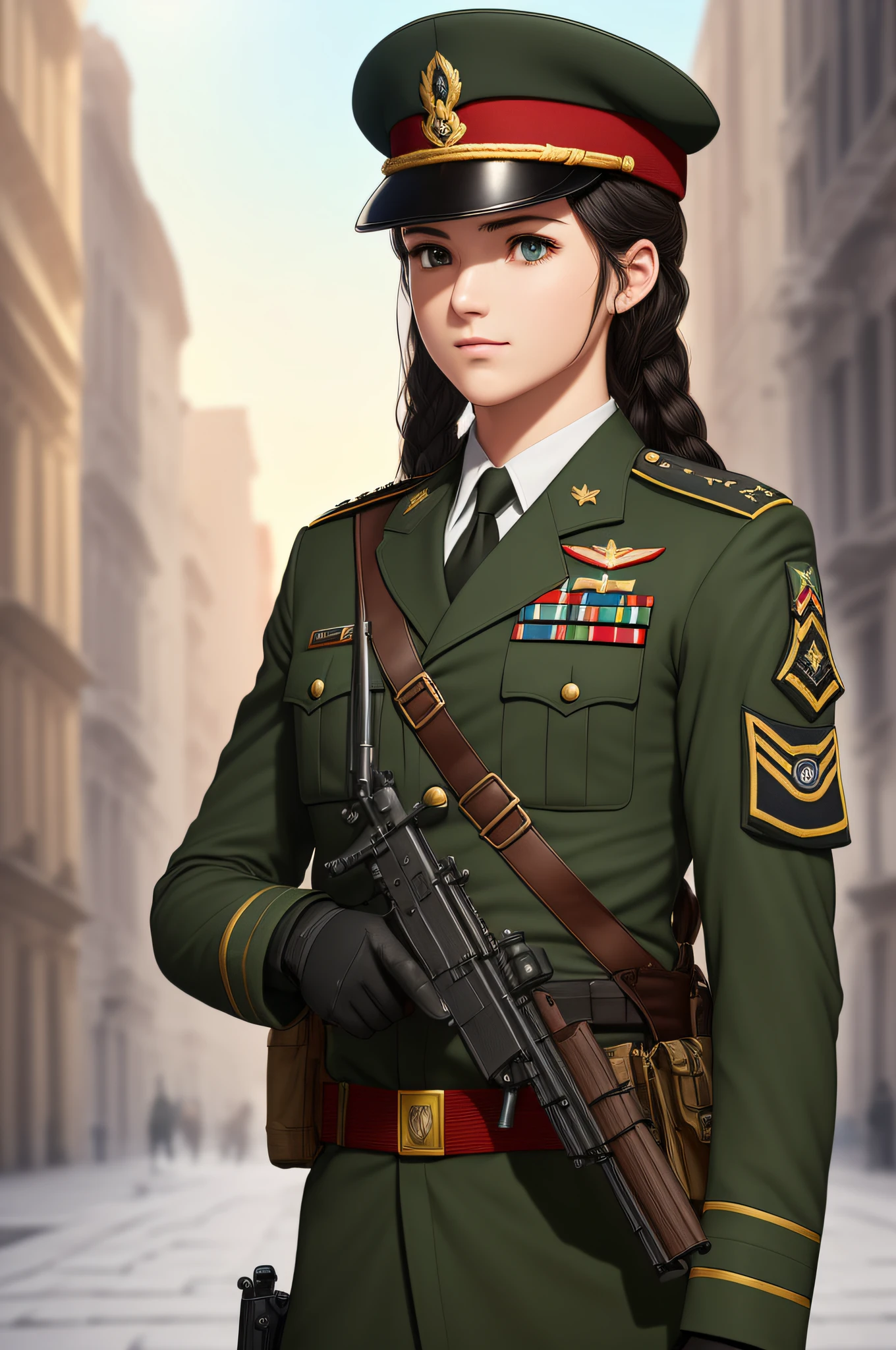 Kendall Jenner
The image depicts Kendall Jenner in a military uniform. Kendall Jenner , greencod, privaty \(nikke\), Short hair, ponytail, military uniform, military cap, smile on her lips. There are other people in military uniforms in the background., full body high quality photography,
, realistic, photo-realistic, 8k, highly detailed, full length frame, High detail RAW color art, piercing, diffused soft lighting, shallow depth of field, sharp focus, hyperrealism, cinematic lighting, Style-EMCG, SkinHairDetail,
