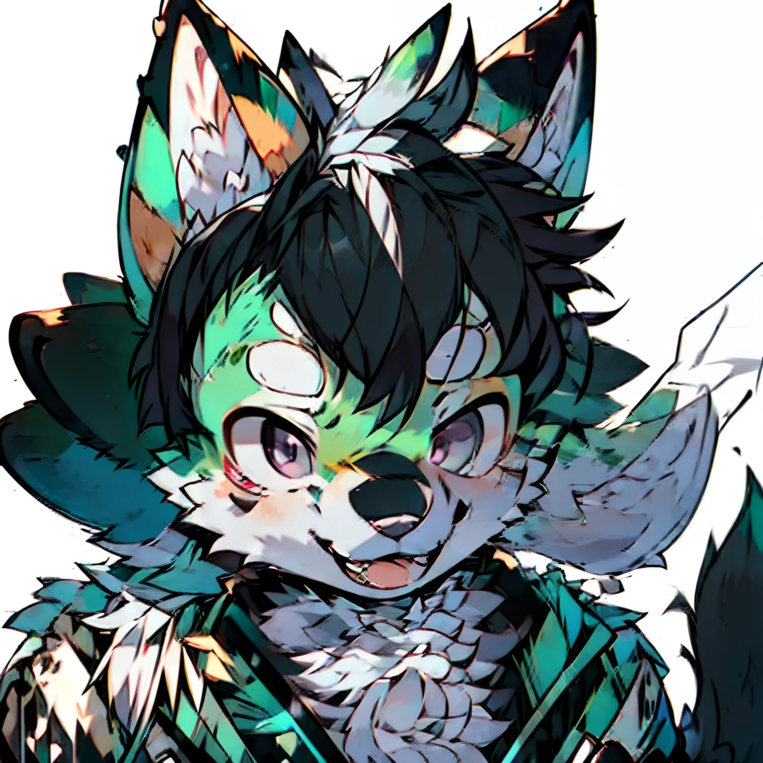 solo person,shaggy male,Furry,Wolf dog,canid,Black and white fur,a purple eye,smokeing,Detective,The ears are black and white,The hair inside the ears is green,Stick out your tongue,Green runes