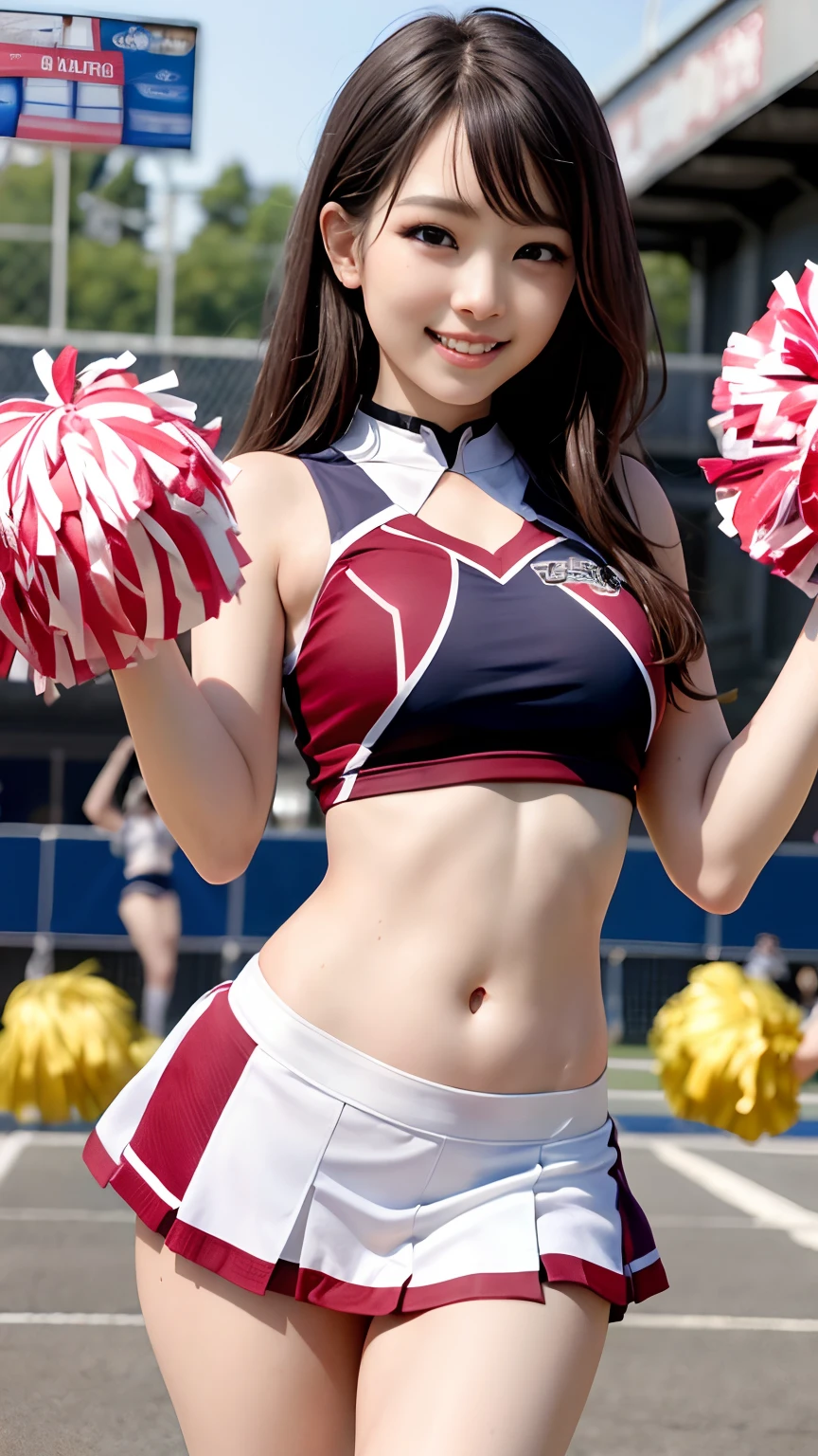 8K raw photos、Beautuful Women:2.0、24 years of age、jpn、Cute Baby Turtle、nedium breasts、((cheer girl:1.5))、A miniskirt、Beautiful eyes finely detailed、eyeslashes、((Brown eyes:1.2))、beautiful double eyelid、eye shadows、Perfect eye makeup、((A smile:1.6))、beautiful and thin legs、(Maroon hair)、Medium hair、Fluffy hair、stadio、Daytime、latina、Photorealsitic:1.9、Sexy navel、Skinny legs、tthin eyebrows、tear bag、lofty nose、((Highly sexy))