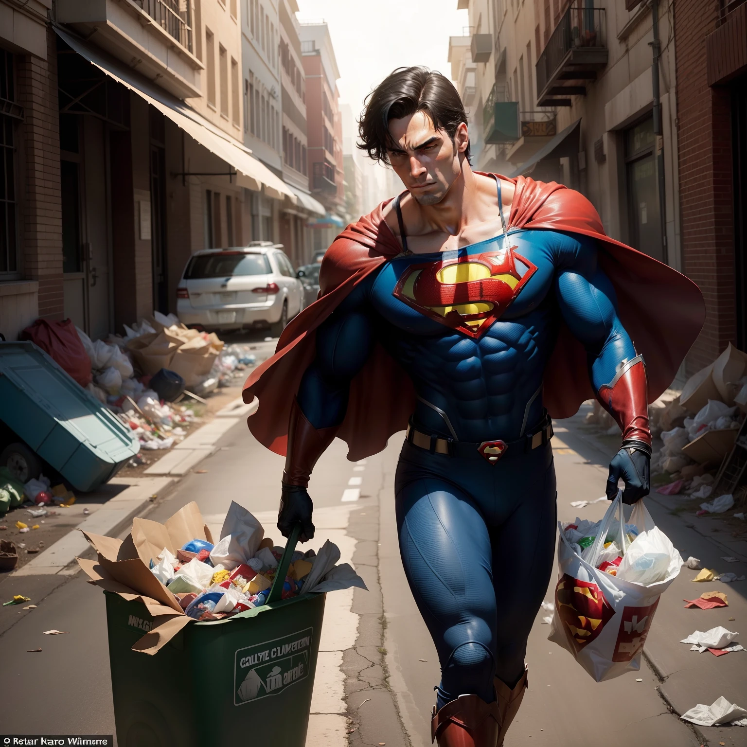 Instead of being accompanied by a cape, Superman as a garbage collector is accompanied by a bag of trash to save the Earth from the damage caused by waste