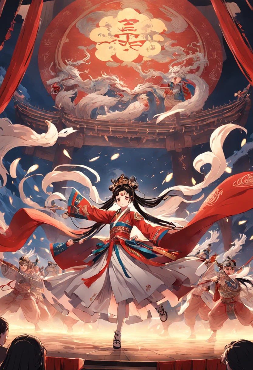 stage lighting,Peking Opera actors perform,War is far away,A group of soldiers rushed in