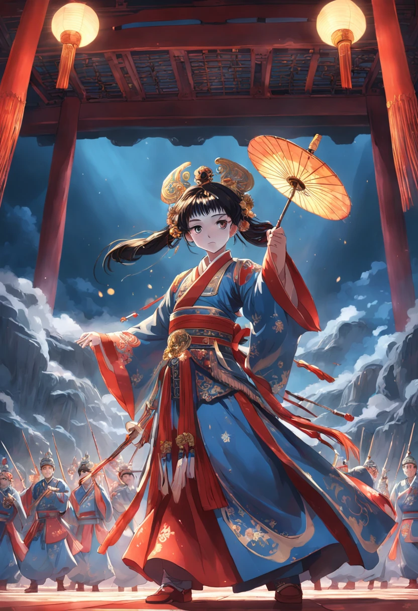 stage lighting,Peking Opera actors perform,War is far away,A group of soldiers rushed in
