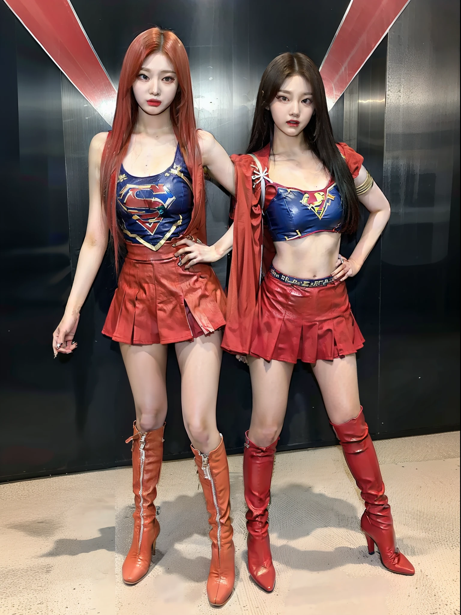 Full body shot of Chinese supergirl with red boots on her lower body