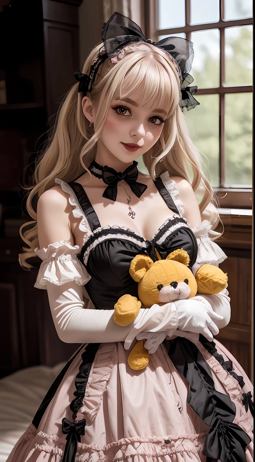 1girl in, Photo, masutepiece, Bedroom Swita ****ta in Gothic Gothic Interior, Yellow dress fabric,  Cheek heart shape, Blush pink makeup, gloves, Smile, pastel color, ornate, Broderry, Hugging a stuffed animal, Bokeh,