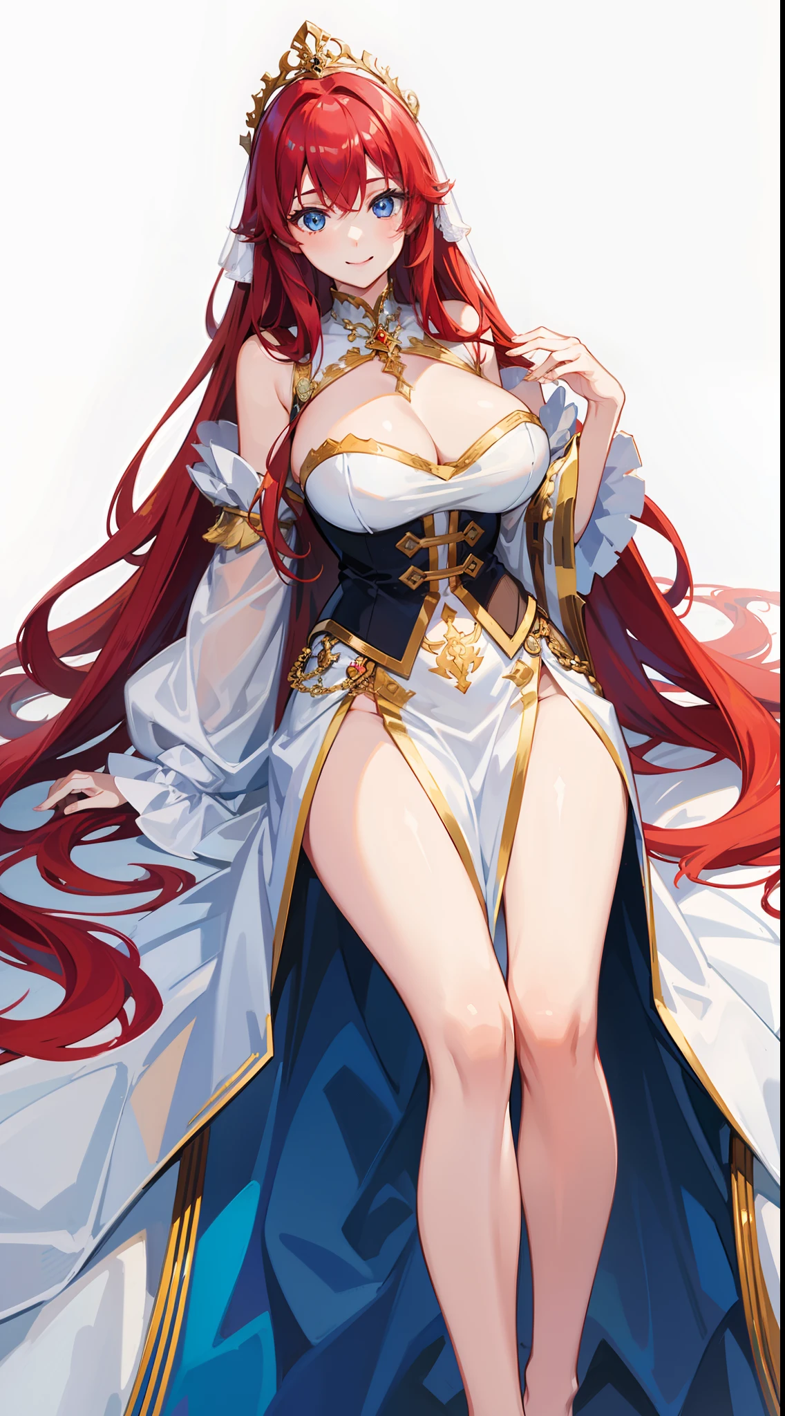 young girl, Long red hair, blue eyes, Huge-breasts, White princess dress, open breasts, Smile, Masterpiece, hiquality