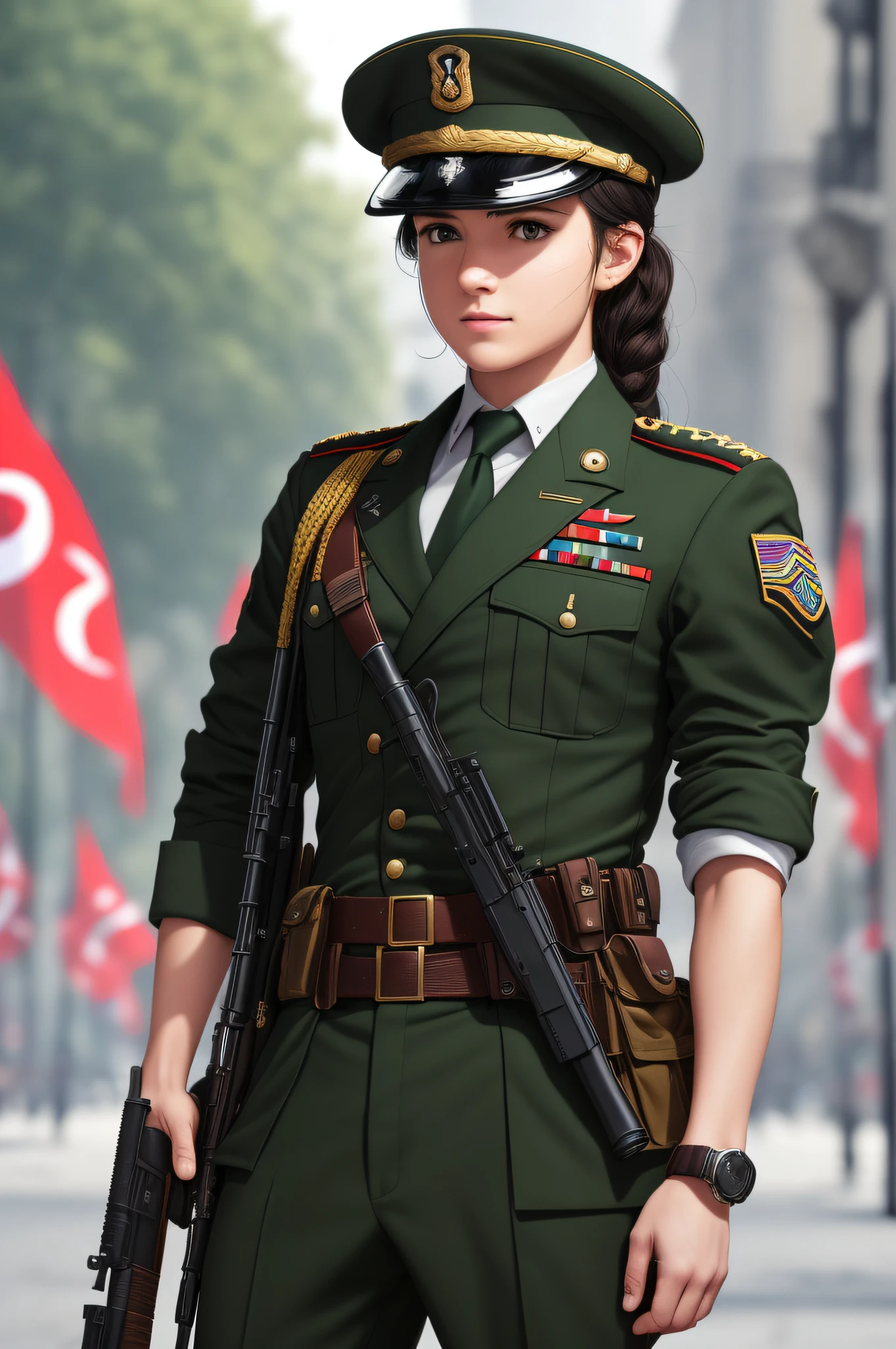 Arte inspirada John Buscema, Cartaz da Segunda Guerra Mundial, We see a female cadet saluting a superior, uniforme militar perfeita, short hair up to the shoulders, cor ruiva, olhos verdes claros, seios pequenos, corpo delgado, imponente no campo de batalha, Cannon fire, A scene that shows seriousness and conviction