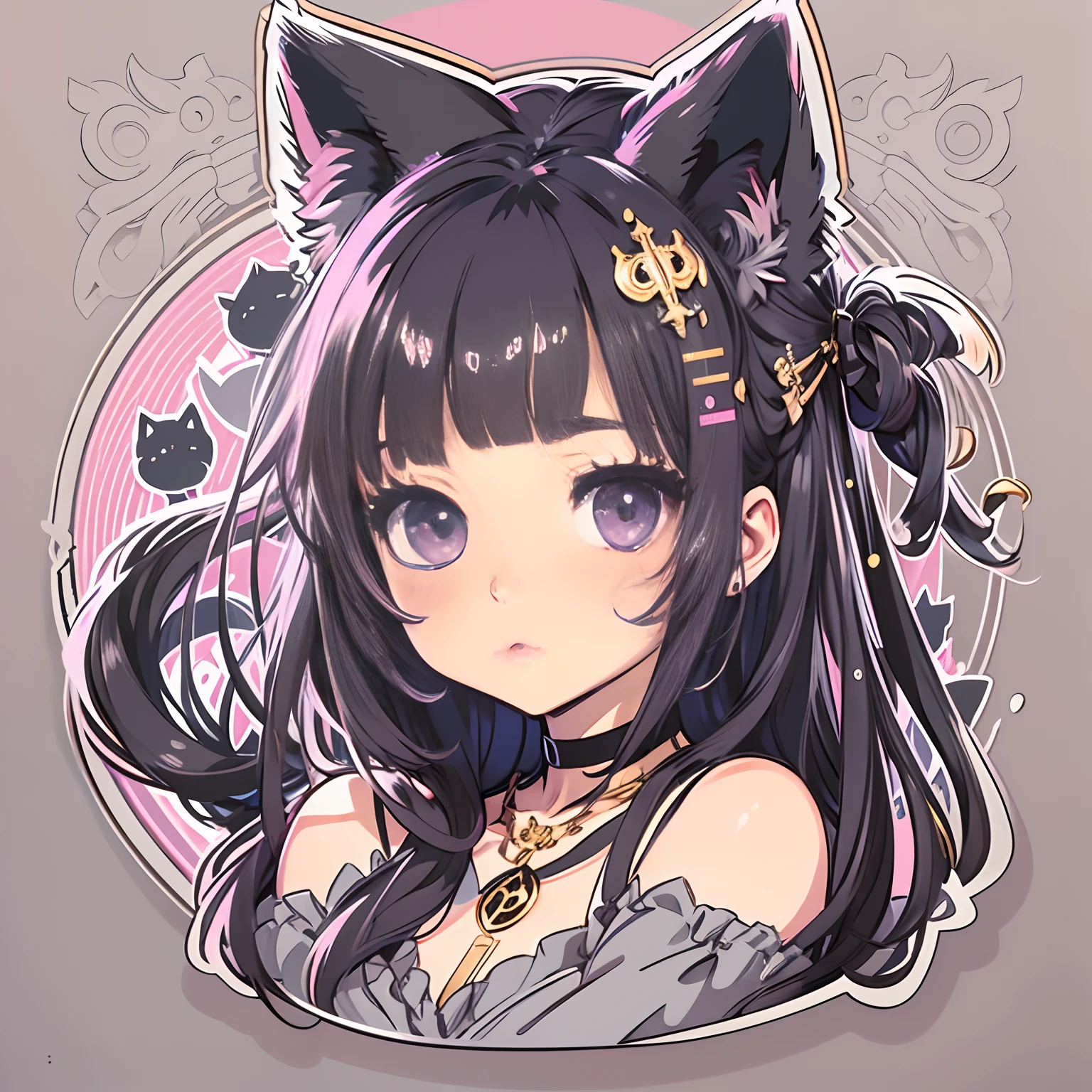 Sticker, Cute anime girl head, Black hairstyle,Deep purple eyes,Black cat ears,cute clothing,Lazy feeling,in circle, White background, Pink background,Gold border,Simple, Ultra detailed, Detailed drawing, vectorised, Silhouette, 8K, professional sticker design, Flat design, Vector lines, Sticker, Drawing, Drawing, Full-HD