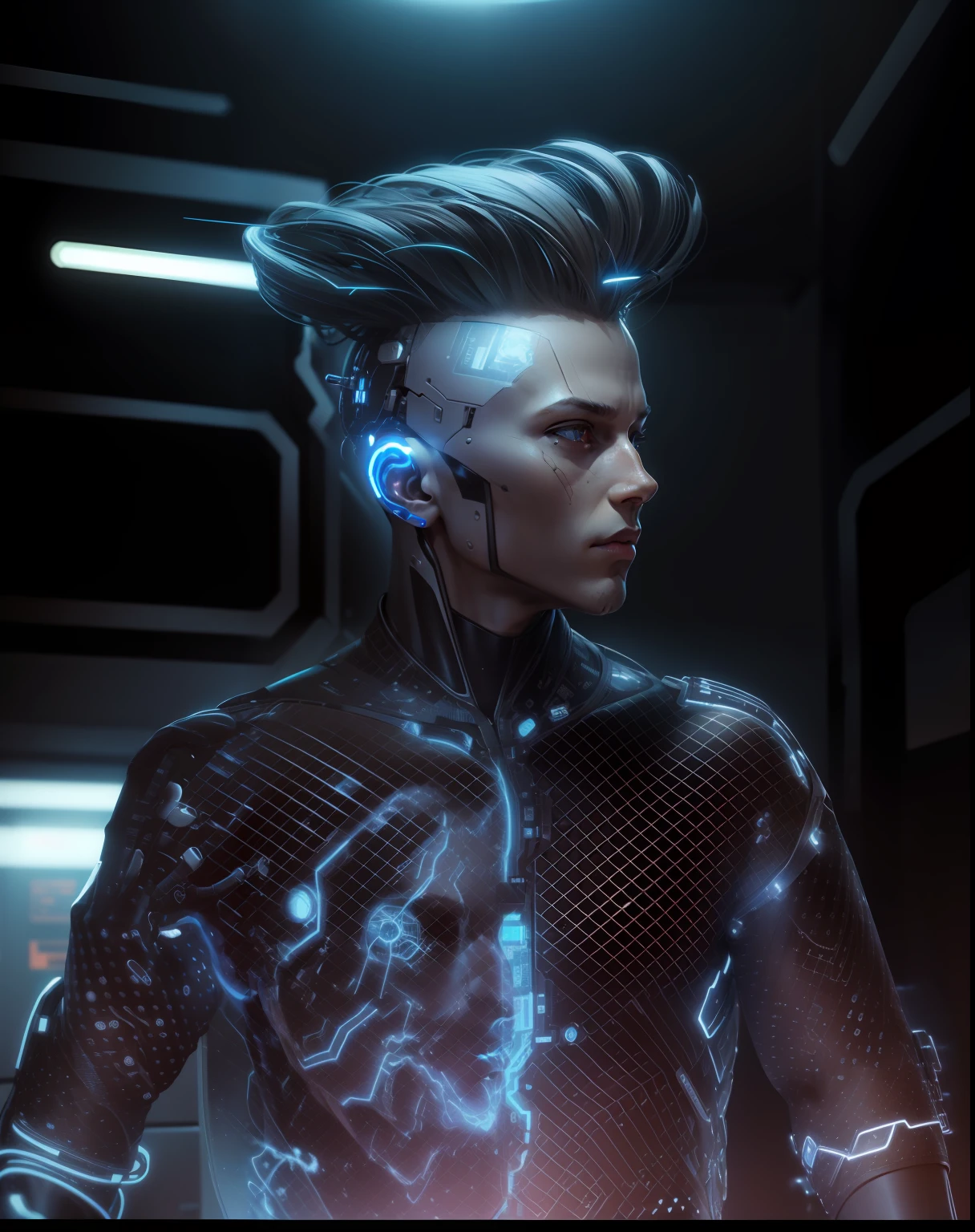 Cyborg Guy | Men's face | Flesh-colored skin | Electronic systems on the head of humanoids | Detailed Brain in Sight | Detailed connection wire | Biopunk | Cybernetics | Cyberpunk | Canon M50| 100 mm| Clear Focus | Hyperrealism | Very detail| Intricate details | Side view |