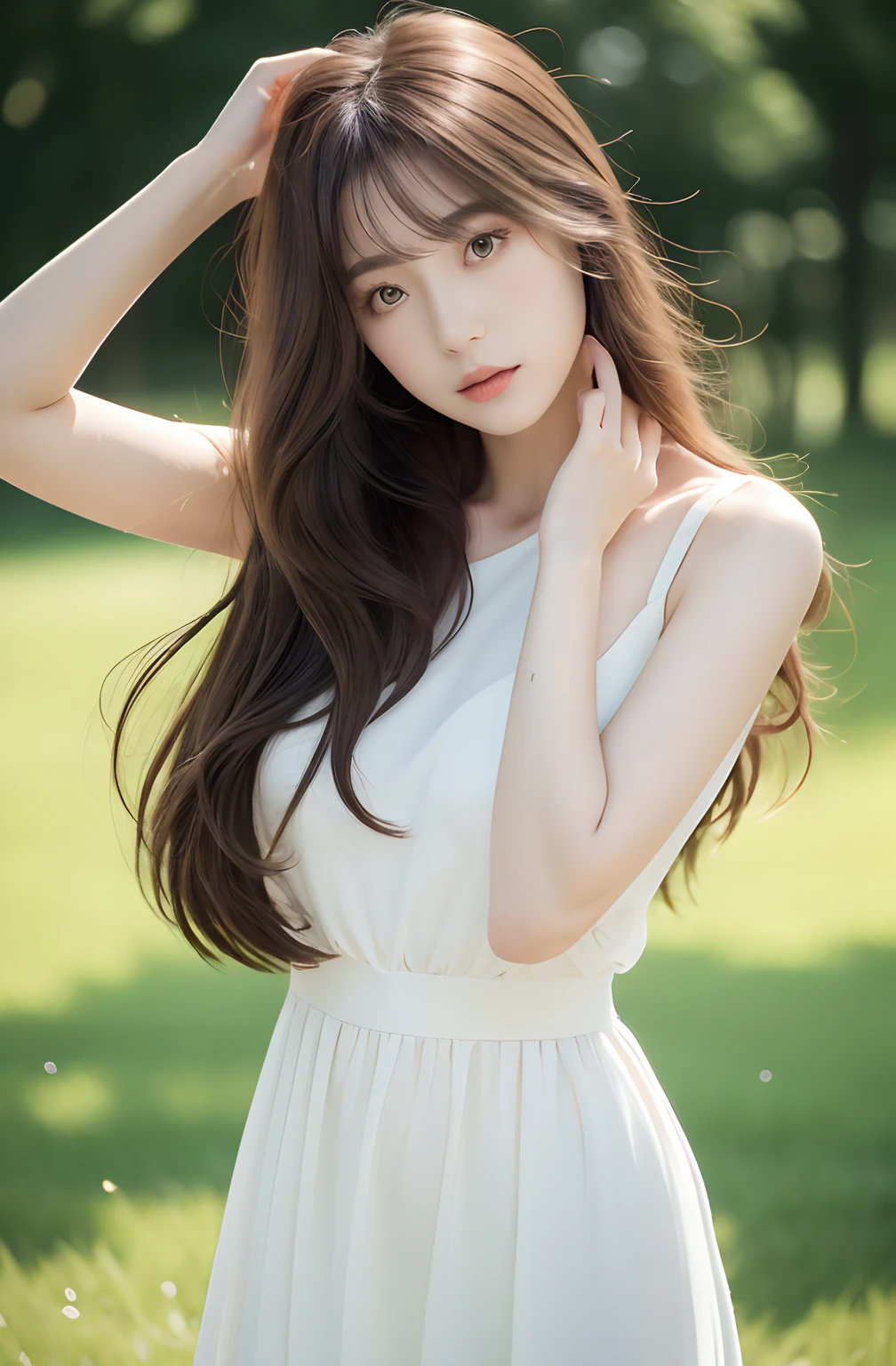 (8K、top-quality、Master pie:1.2)、(hentail realism、Photorealsitic:1.37)、top-quality、Master pie、photography studio、High Balance、Contre-Jour、(From head to thighs:1.5)、Camera angle with background facing up、Shoot in natural light、Lolita costume、hentail realism、super detailing、Beautiful facial features、in her 20s、女優、Half-Japanese and Russian models、Elaborate CG、slenderness、adolable、Hair that flutters in the wind、Delicate skin type、Delicate hair details,softness、The model's hair color is slightly lighter and softer、Gloss makeup、adolable、realisticlying