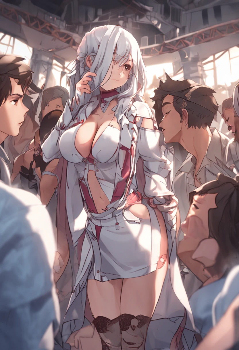 girl, long hair, white hair, ahoge, twin braids, light blush, cute face, breasts, breasts out, no bra, masterpiece,best quality,official art,extremely detailed CG unity 8k wallpaper, surrounded, multiple others, exhibitionism, audience, background characters, crowd, public humiliation, partially unbuttoned, show foot, pubic tattoo on underbelly, spread , ass_visible_through_thighs, naughty_face, endured_face, ahegao, blood on face, saliva, skirt lift,