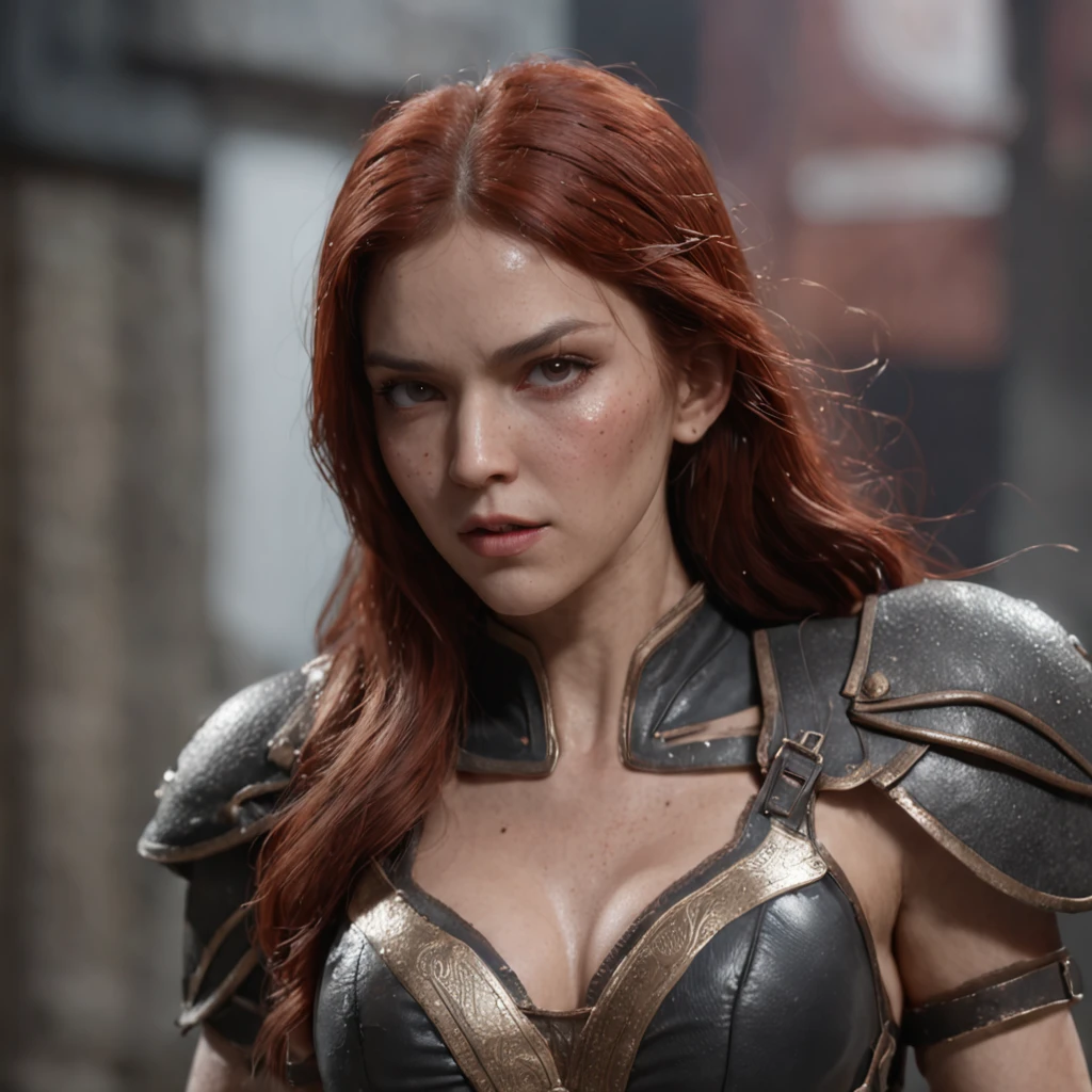 using (roleplaying:1.4), (professional 3d render:1.3) af (Realistic:1.3) The most beautiful artistic photo in the world,(roleplaying:1.4) soft features, Brilliant female heroes, ((Epic hero rough fantasy half-muscular woman wet heroine angrily looking at long hair, Intense expression of redhead and dynamic pose, Fantastic location, Majestic and cluttered environment)), Full body 8K unit rendering, action shot, skin pore, very dark lighting, heavy shading, A detailed, Detal Face, (vibration, Realistic photography, Realistic, Dramatic, darkly, foco nítido, 8K), (Old leather clothing damaged due to bad weather:1.4), ((((Use skins)))), (复杂:1.4), decadent, (highly detailed:1.4), digitial painting, rendering by octane, art stations, concept-art, Liso, foco nítido, illustration, From the germ of art, (loish:0.23), wlop ilya kuvshinov, e Greg Rutkowski e Alphonse Mucha Gracias, (global ilumination, studiolight, Light volume), very heavy rain, Floating particles, lotr, fanciful, biz, Inteiroesbian body, ((Dark and ancient city background:1.3)),CGSesocieda,art stations