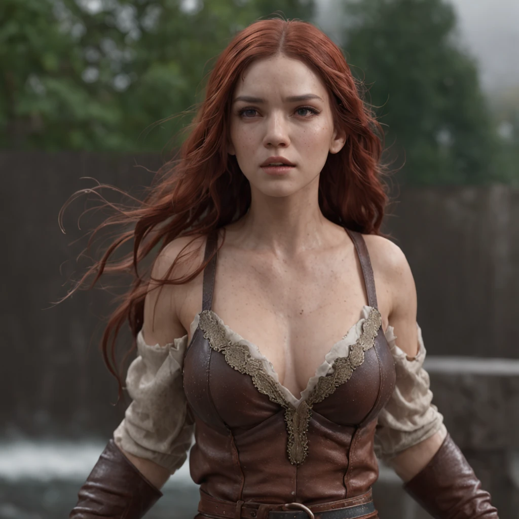 using (roleplaying:1.4), (professional 3d render:1.3) af (Realistic:1.3) The most beautiful artistic photo in the world，(roleplaying:1.4) soft features, Brilliant female heroes, ((Epic hero rough fantasy half-muscular woman wet heroine angrily looking at long hair, Intense expression of redhead and dynamic pose, Fantastic location, Majestic and cluttered environment)), Full body 8K unit rendering, action  shot, skin pore, very dark lighting, heavy shading, A detailed, Detal Face, (vibration, Realistic photography, Realistic, Dramatic, darkly, foco nítido, 8K), (Old leather clothing damaged due to bad weather:1.4), ((((Use skins)))), (复杂:1.4), decadent, (highly  detailed:1.4), digitial painting, rendering by octane, art  stations, concept-art, Liso, foco nítido, illustration, From the germ of art, (loish:0.23), wlop ilya kuvshinov, e Greg Rutkowski e Alphonse Mucha Gracias, (global ilumination, studiolight, Light volume), very heavy rain, Floating particles, lotr, fanciful, biz, Inteiroesbian body, ((Dark and ancient city background:1.3)),CGSesocieda,art  stations