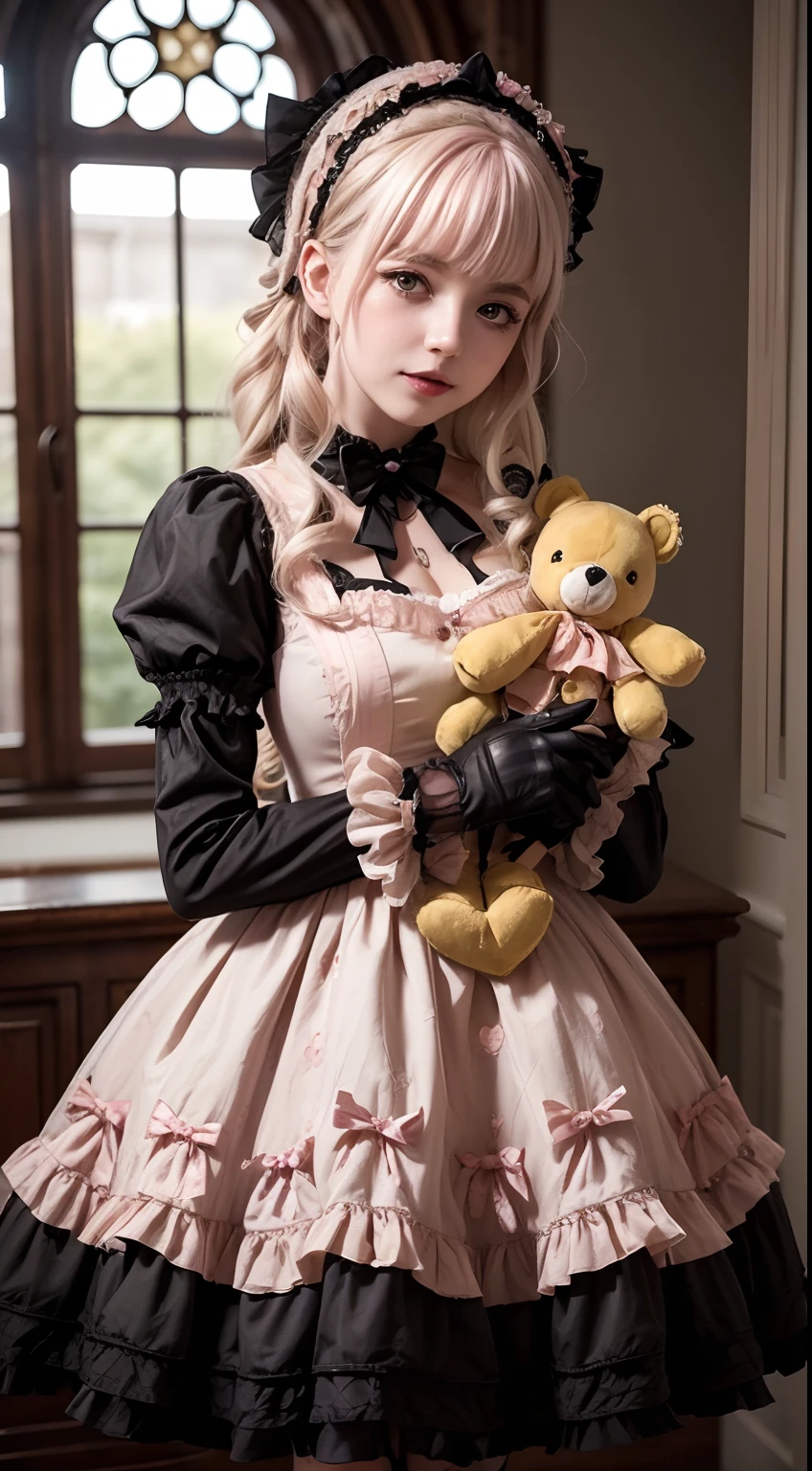 1girl in, Photo, masutepiece, Bedroom Swita ****ta in Gothic Gothic Interior, Yellow dress fabric,  Cheek heart shape, Blush pink makeup, gloves, Smile, pastel color, ornate, Broderry, Hugging a stuffed animal, Bokeh,