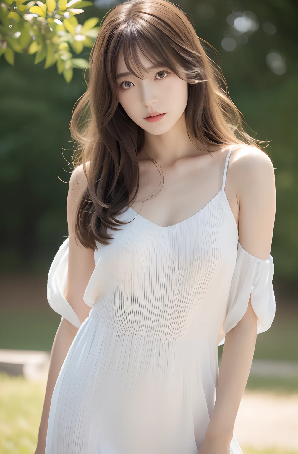 (8K、top-quality、Master pie:1.2)、(hentail realism、Photorealsitic:1.37)、top-quality、Master pie、photography studio、High Balance、Contre-Jour、(From head to thighs:1.5)、Camera angle with background facing up、Shoot in natural light、ta costume、super detailing、Beautiful facial features、in her 20s、女優、Half-Japanese and Russian models、Elaborate CG、slenderness、adolable、Hair that flutters in the wind、Delicate skin type、Delicate hair details,softness、The model's hair color is slightly lighter and softer、Gloss makeup、adolable、realisticlying