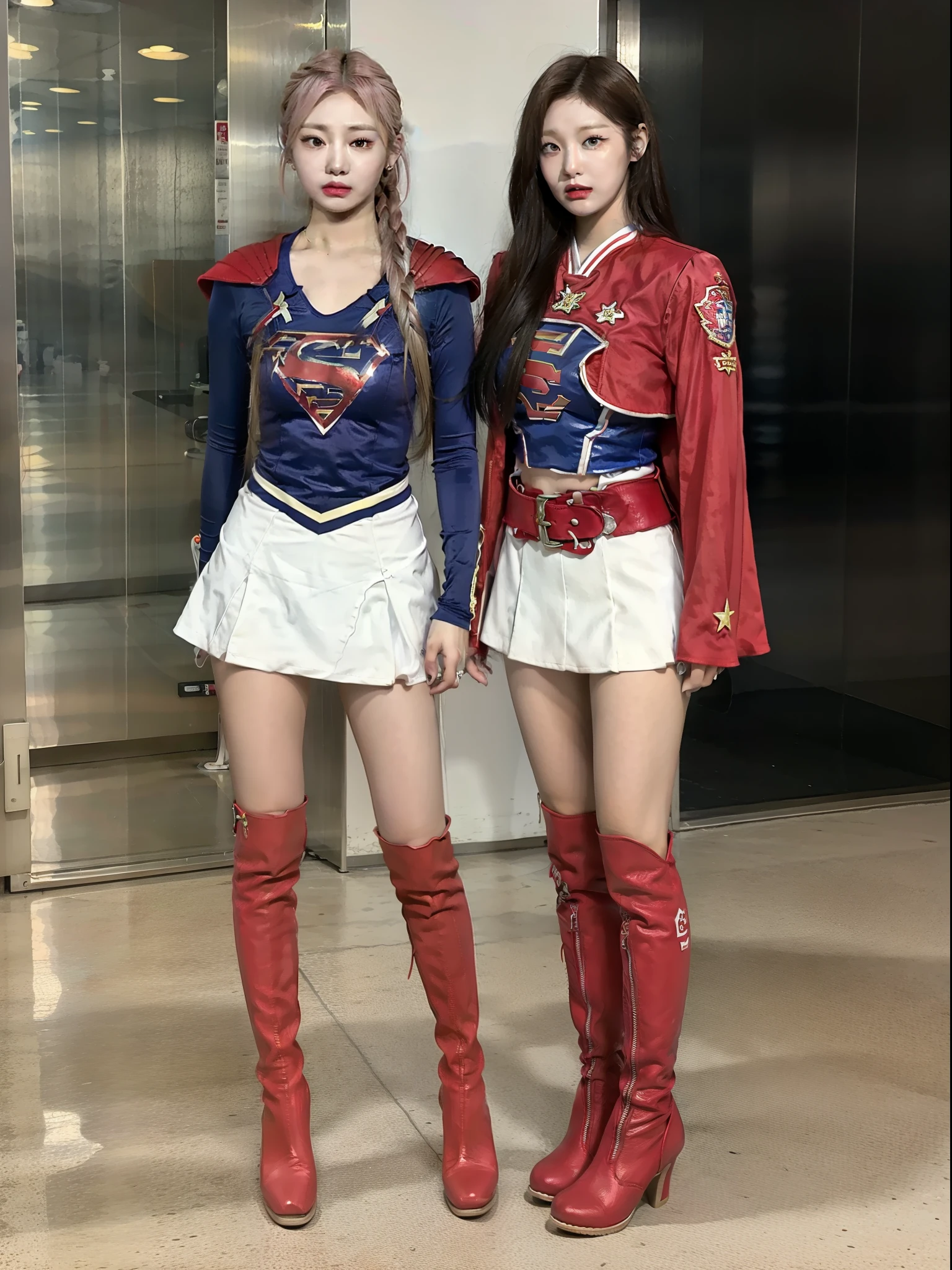 Full body shot of Chinese supergirl with red boots on her lower body