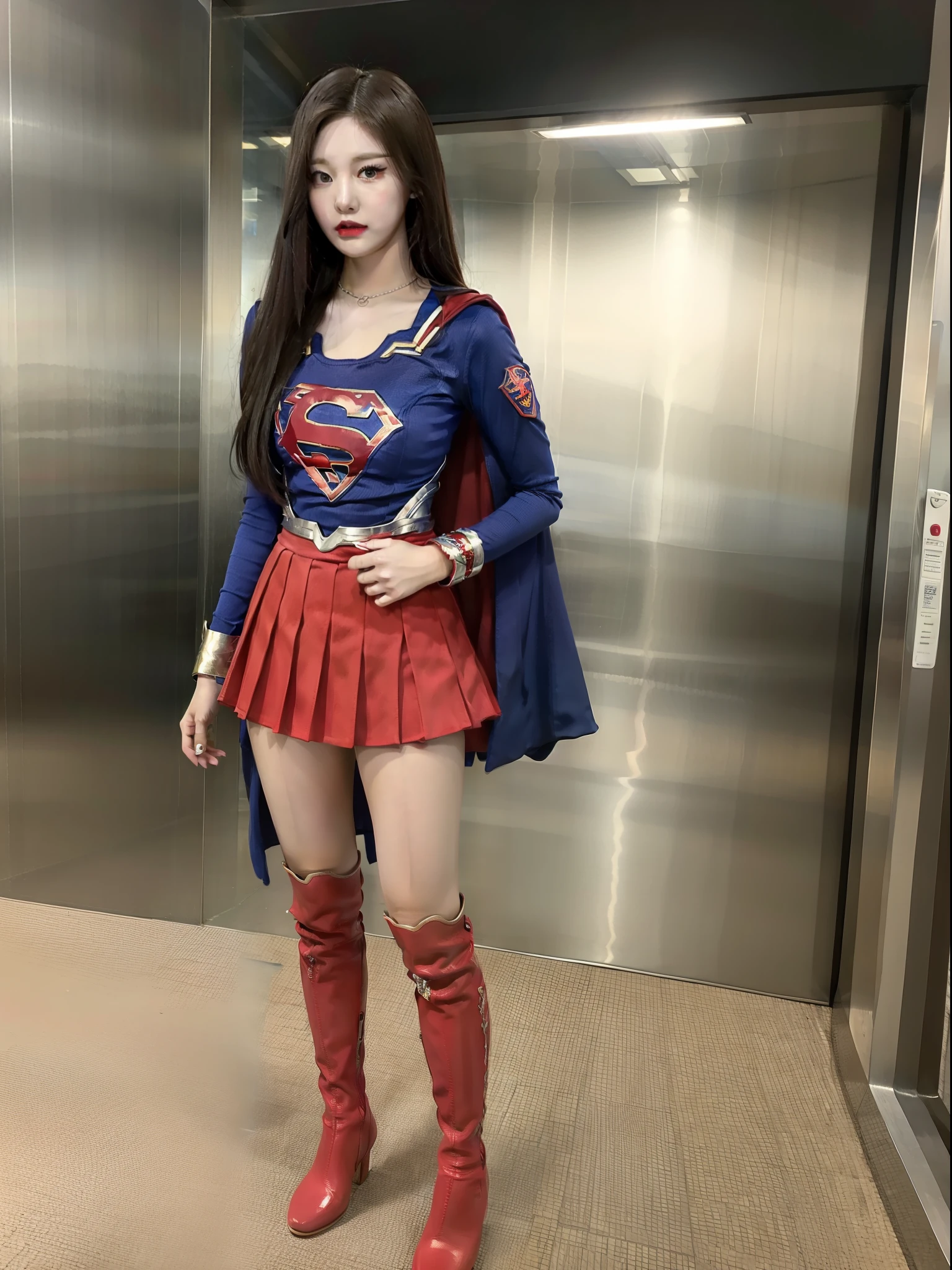 Full body shot of Chinese supergirl with red boots on her lower body