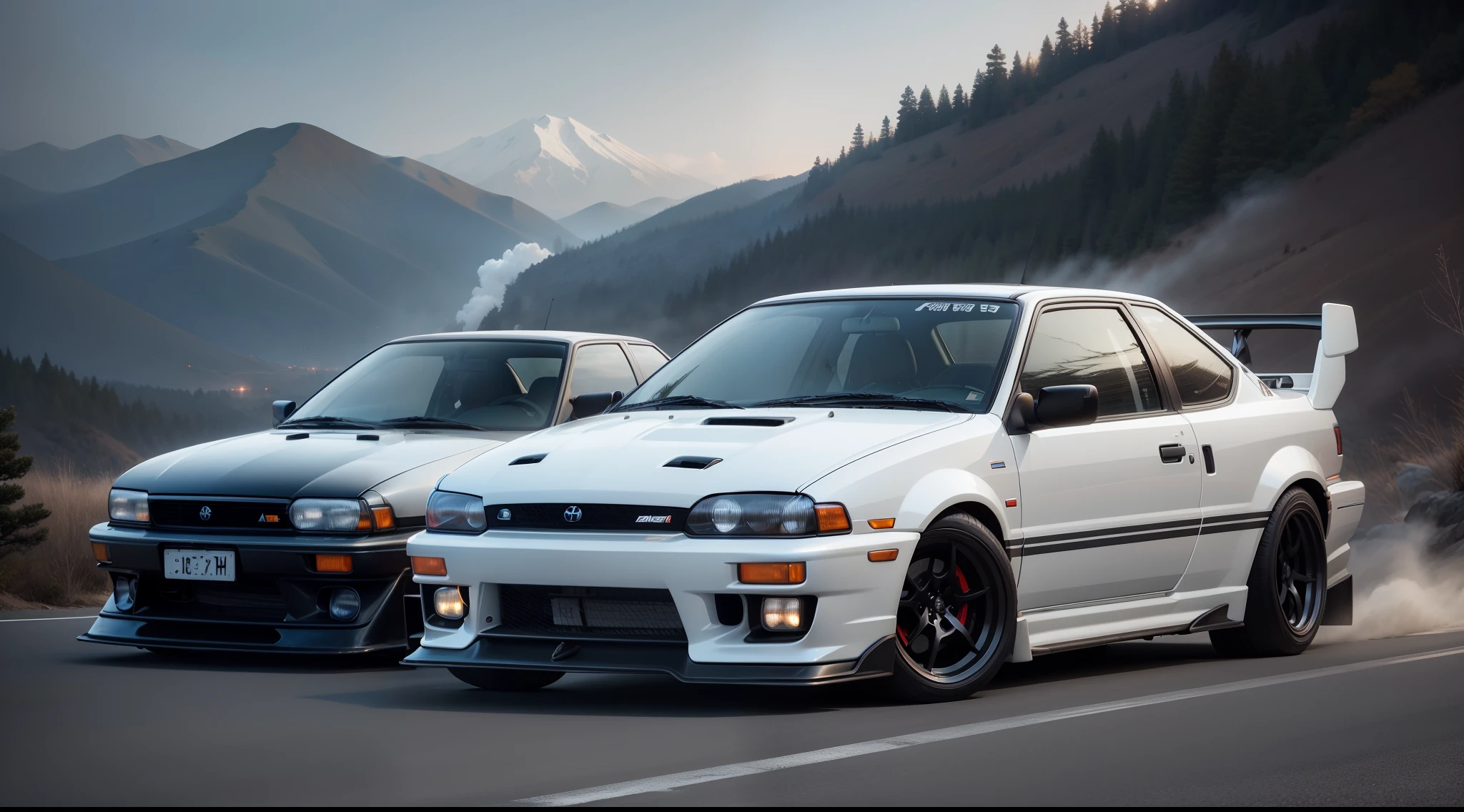 Two cars driving on a mountain pass at night,Set in the Japan Nikko Iroha Slope,toyota AE86,The body color of the AE86 is Panda Trueno and the upper half is white、The bottom half is black,Mitsubishi Lancer Evolution 3,The body color of the Lancer Evolution 3 is white,Drifting,in 8K,dynamic scene,Sand smoke,Dynamic lighting,Headlights are on,Customized Cars