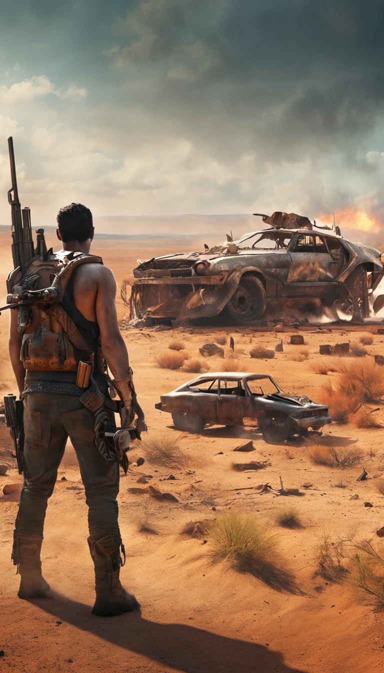 scenes of post-apocalyptic devastation and hunters advance on Earth, causing chaos and destruction (Madmax: 0.8)