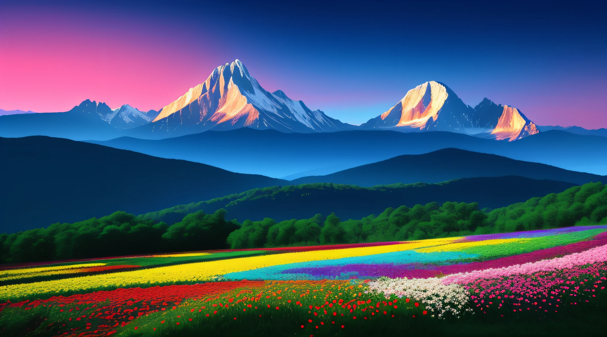 "Picturesque expanse of mountains,Under breathtaking skies,k hd (HD) and stunning 4K resolution shooting,Bright and colorful flowers。”