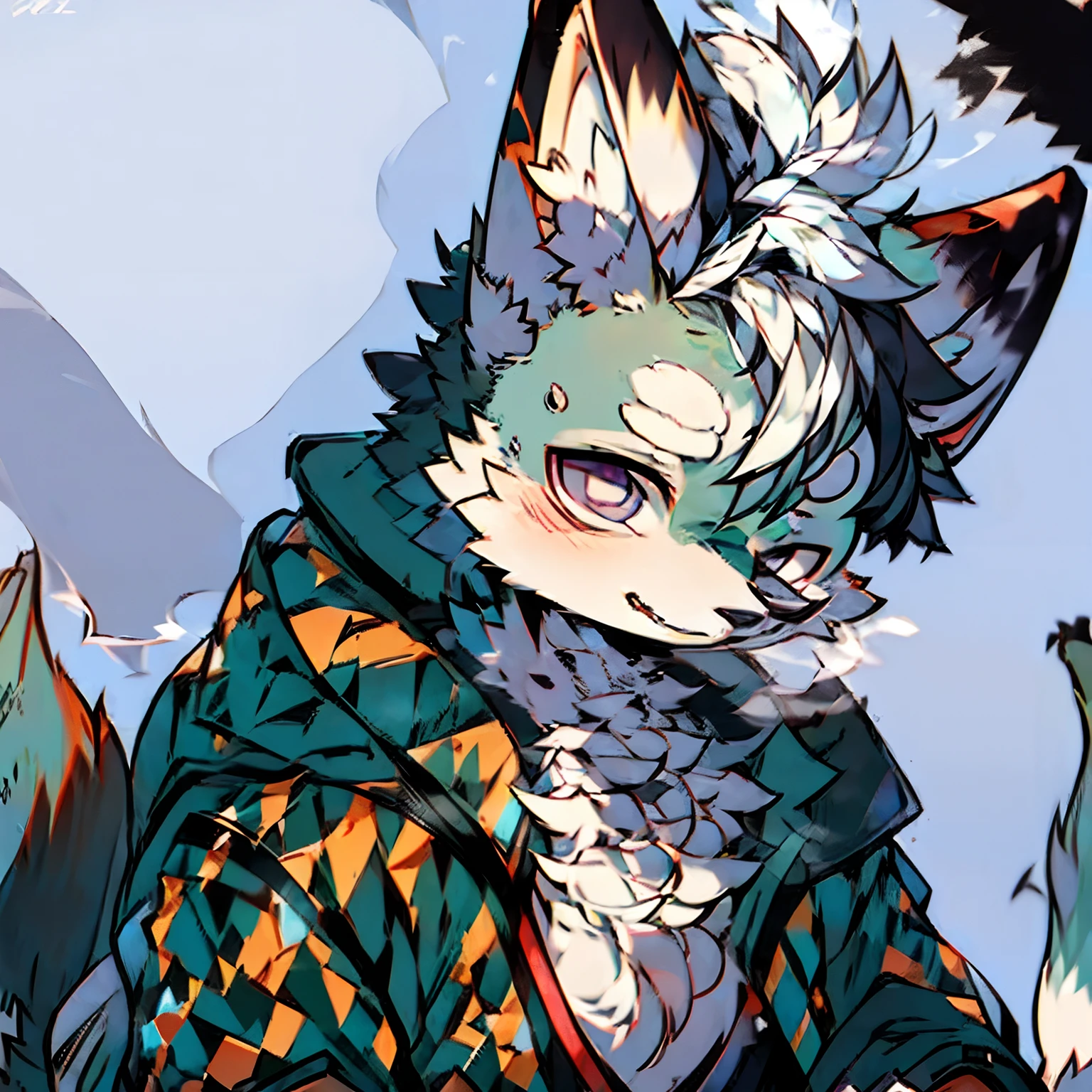solo person,shaggy male,Furry,Wolf dog,canid,Black and white fur,a purple eye,smokeing,Detective,The ears are black and white,There is a pair of green dragon horns on the head