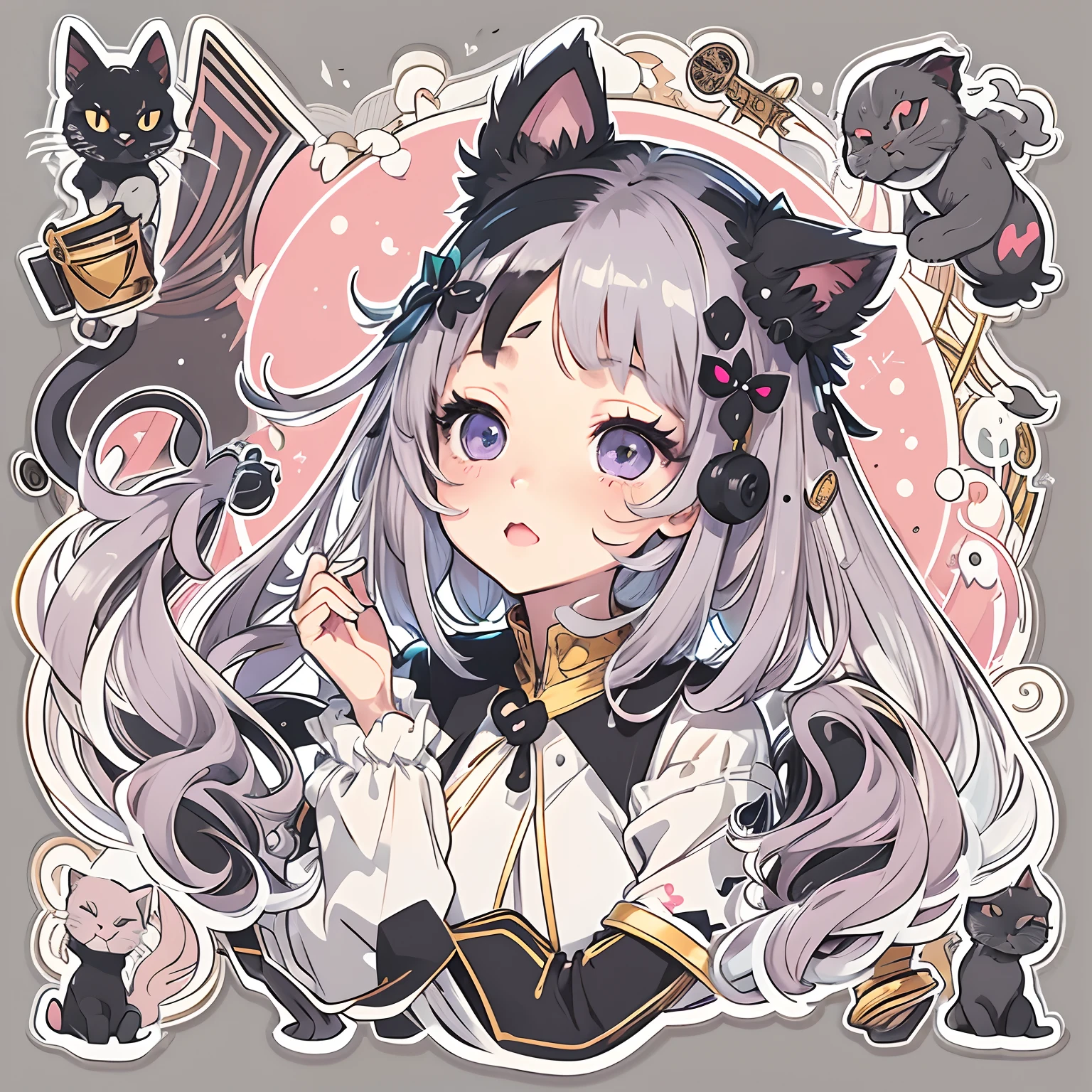Sticker, Cute anime girl head, Black hairstyle,Deep purple eyes,Black cat ears,cute clothing,Lazy feeling,in circle, White background, Pink background,Gold border,Simple, Ultra detailed, Detailed drawing, vectorised, Silhouette, 8K, professional sticker design, Flat design, Vector lines, Sticker, Drawing, Drawing, Full-HD