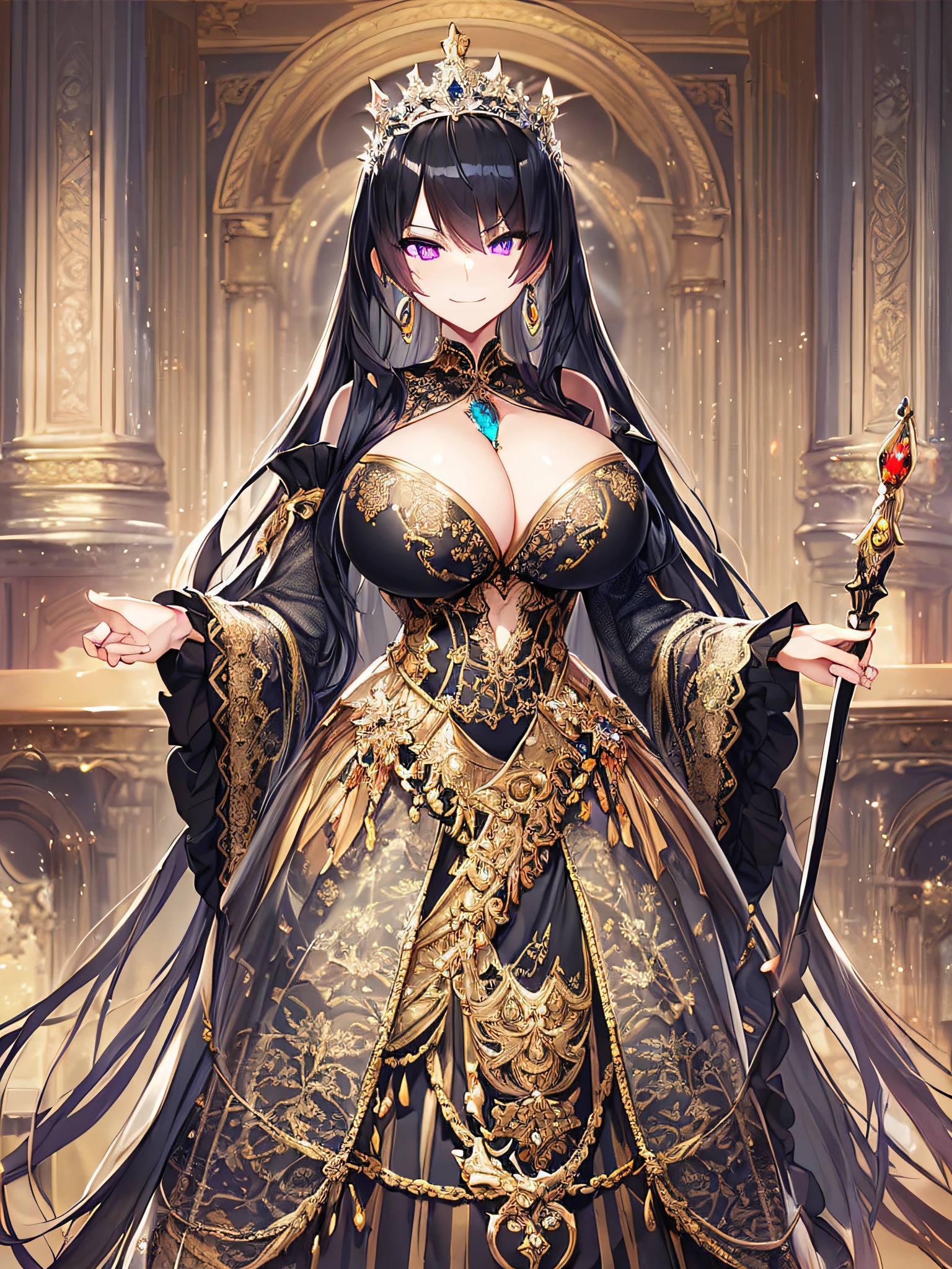 ((anime artstyle)),(Masterpiece),(Best Quality), (Super Detail),((Very Delicate and Beautiful)),(((Solo))),((full body portrait)),((1 arrogant queen in gorgeous embroidery and jeweled black gorgeous rococo ballgown with voluminous full length hoop skirt)),gold trim,((crinoline)),gorgeousfull embroidery,Long train((arrogant,haughty)),(((arrogant smile))),Sharp eyes,(standing in the royal palace,holding a luxurious scepter),sunlight,gorgeous gemstone jewelry,detailed face and eyes,jewel-like eyes,Purple eyes,(Bangs between eyes),((large amount of straight hair,extremely Long voluminous black Hair)),((gigantic tits,Long tits)),gorgeousfull embroidery,cleavage,extremely gorgeousfull hair ornament,(bling-bling extremely gorgeousfull jeweled tiara),gorgeous corsage,(Dynamic Angle),Looking at viewer,(full body)),((gorgeous embroidery and jeweled black gorgeous rococo ballgown with voluminous full length hoop skirt))