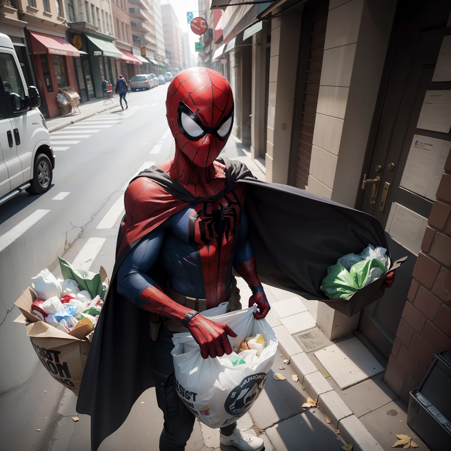 Instead of being accompanied by a cape, spiderman as a garbage collector is accompanied by a bag of trash to save the Earth from the damage caused by waste