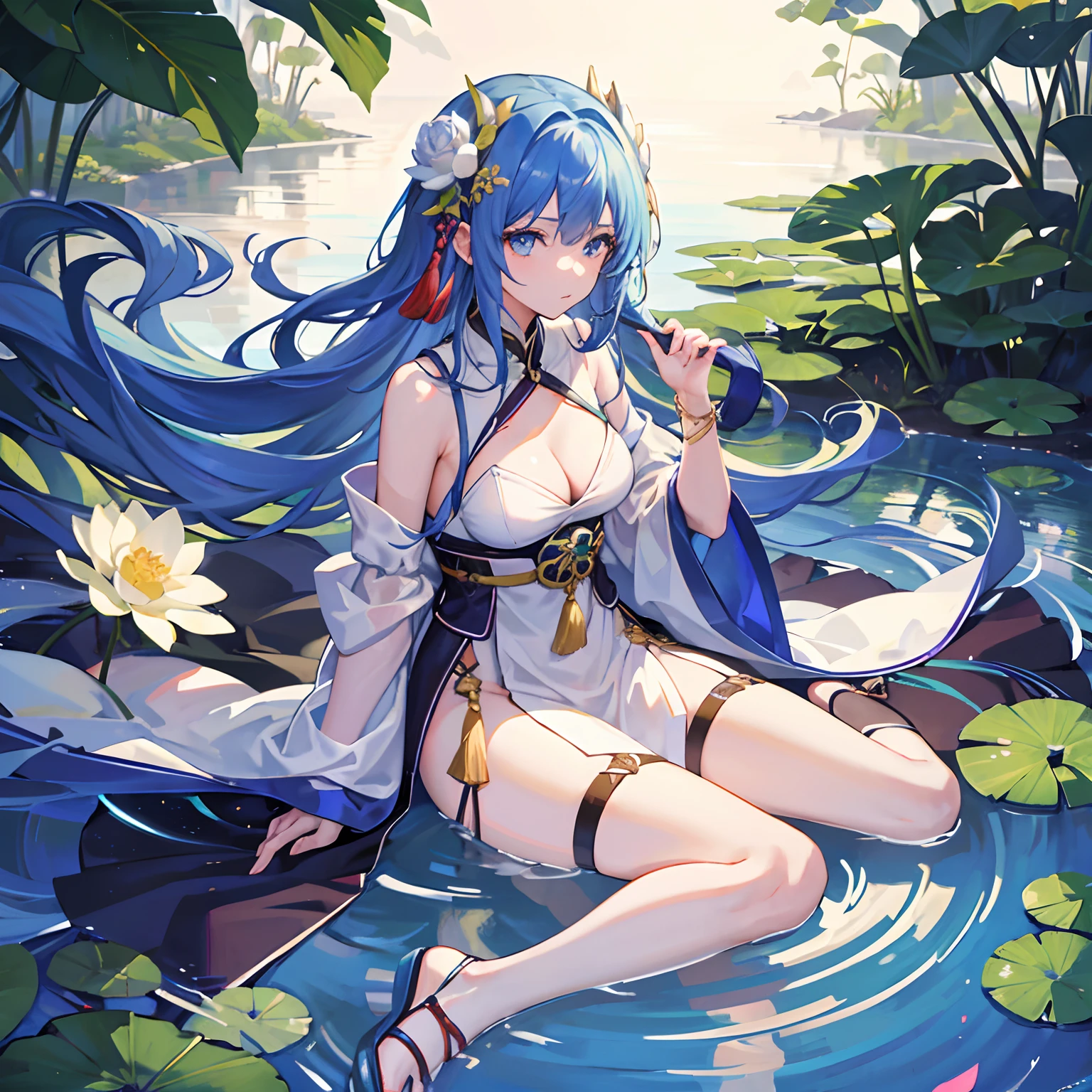 {1girll,独奏}(The body is petite),(Lori huge breasts cleavage:1.2),( Royal blue hair),Long hair,(Single braid,Princess hair style),By bangs,Floating hair,(sapphire blue eyes),glowing light eyes,(White Hanfu long dress),floating long dress,There are tassel hangings on clothes,She wears an emerald bracelet on her wrist,A jade pendant hangs around his neck,(Barefoot),Thigh straps,The girl had a copper bell tied to her ankle,White sandals,(Sitting:1.2),ponds,lotuses,Lotus leaves,(shyexpression),(sportrait:1.2),(Face focus:1.2),Cover style,Cute breasts,((Best quality at best)),((extremely detaile)),((Masterpiece)),((Ultra-high resolution)),((Very detailed 8k wallpapers)),(morningglow),light particules,volumettic light,((Fine beautiful face and eyes)),depth of fields,ssee-through,dynamic scene,(Unreal Engine 5),cold shades,Chinese national style,hair glowing,Glossy glossy skin,(Animation style)