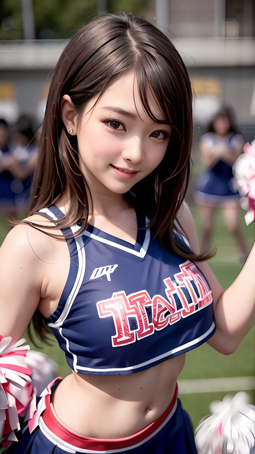 8K raw photos、Beautuful Women:2.0、24 years of age、jpn、Cute Baby Turtle、nedium breasts、((cheer girl:1.5))、A miniskirt、Beautiful eyes finely detailed、eyeslashes、((Brown eyes:1.2))、beautiful double eyelid、eye shadows、Perfect eye makeup、((A smile:1.6))、beautiful and thin legs、(Maroon hair)、Medium hair、Fluffy hair、stadio、Daytime、latina、Photorealsitic:1.9、Sexy navel、Skinny legs、tthin eyebrows、tear bag、lofty nose、((Highly sexy))