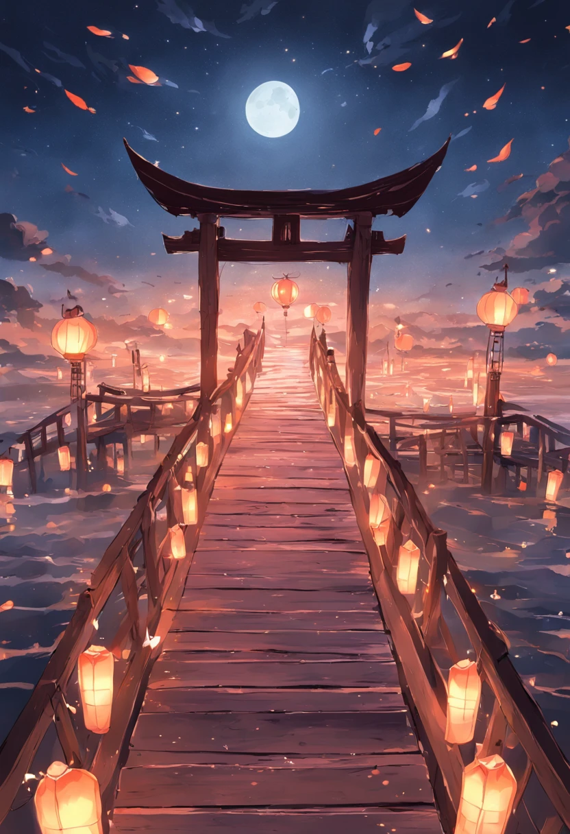 On a wooden bridge over the sea，nigh sky，themoon，Chinese lanterns