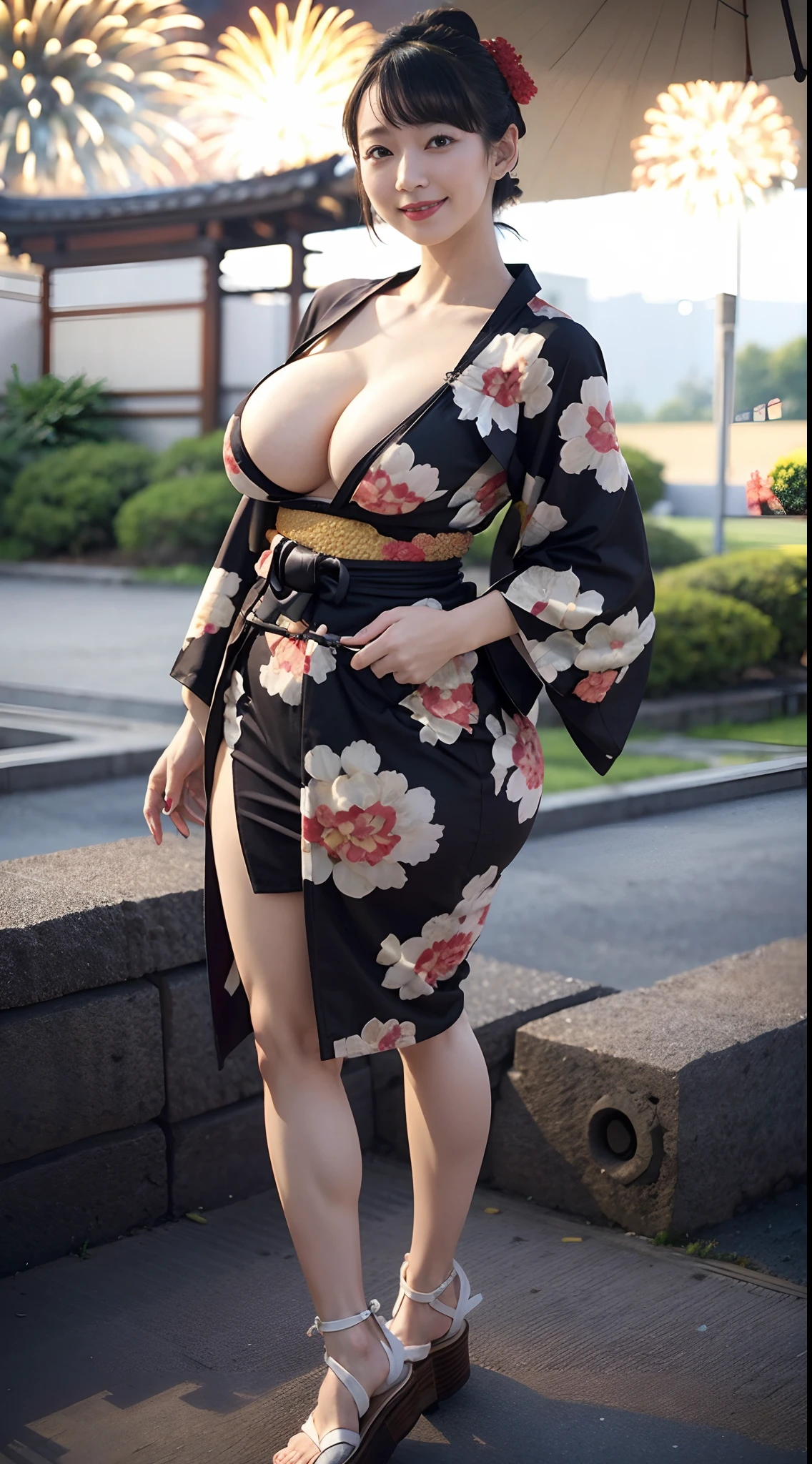 in 8K、超A high resolution、Best Quality、masutepiece (Large breasts、gargantuan butt、Toned body:1.7)(Long black kimono with fireworks pattern:1.4)(Summer Festivals:1.3) (Short black-haired chignon:1.2)Big eyes smiling happily、Distinct double eyelids、Lashes、Highlights in the eyes、Light brown eyes、Pinclip Gloss、piercings(White band、Red garland clogs:1.15)(Kimono comes off、cleavage of the breast:1.4)