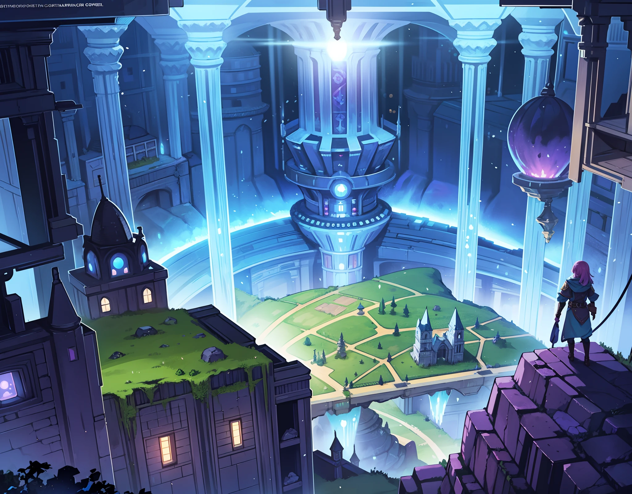 underground city, many buildings, giant city, battlefield background, game background, 2d game background, rpg, mobile rpg, mobile game background, clear design, no character, purple rocks, minerals, escavation, high fantasy, fantasy style