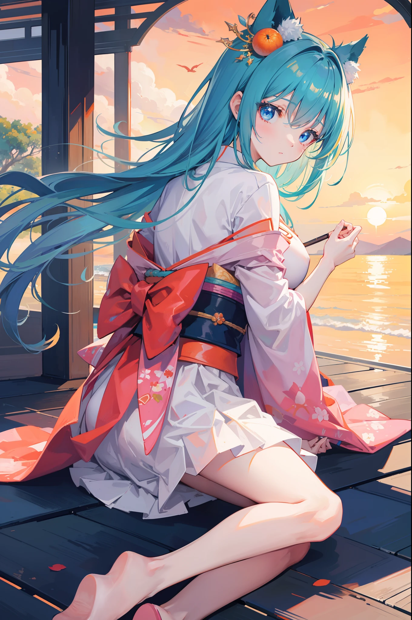 (masterpiece:1.2),Super detailed,lifelike,Expressive eyes,fair skin,perfect face shape,1 girl,
Japanese comics,Gorgeous blue hair,flowing blue hair,flowing clothes,Cat ears,Petals fall,beautiful lola,Baby Angel,
Shaking head with one hand,Cross your legs,,The pavilion is cool and comfortable,smile,back views,sunrise,Petals fall, winter,lie on the water,Nun's Clothes,stately church。