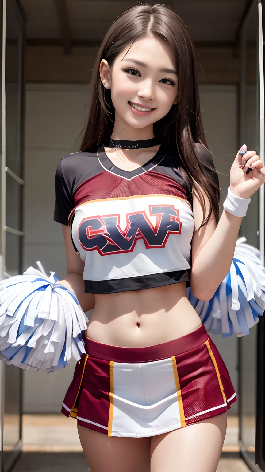8K raw photos、Beautuful Women:2.0、24 years of age、jpn、Cute Baby Turtle、nedium breasts、((cheer girl:1.5))、A miniskirt、Beautiful eyes finely detailed、eyeslashes、((Brown eyes:1.2))、beautiful double eyelid、eye shadows、Perfect eye makeup、((A smile:1.6))、beautiful and thin legs、(Maroon hair)、Medium hair、Fluffy hair、stadio、Daytime、latina、Photorealsitic:1.9、Sexy navel、Skinny legs、tthin eyebrows、tear bag、lofty nose、((Highly sexy))