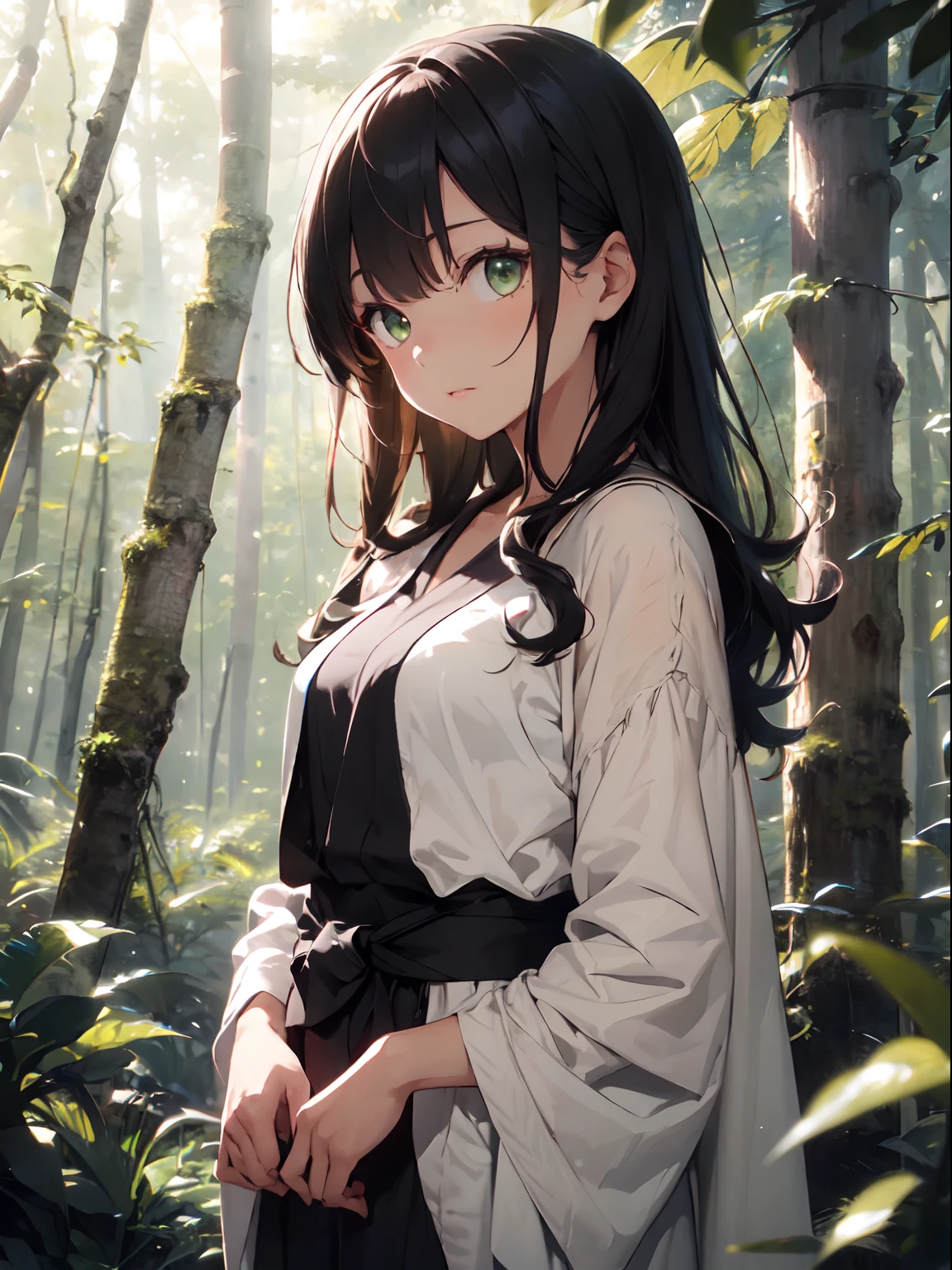 1girl ,masterpiece, best quality, ultra-detailed, illustration, nature-loving druid , mystical nature, serene green eyes, wild curly hair with leaves woven in, earth-toned robes, communing with animals, standing in a lush forest glade