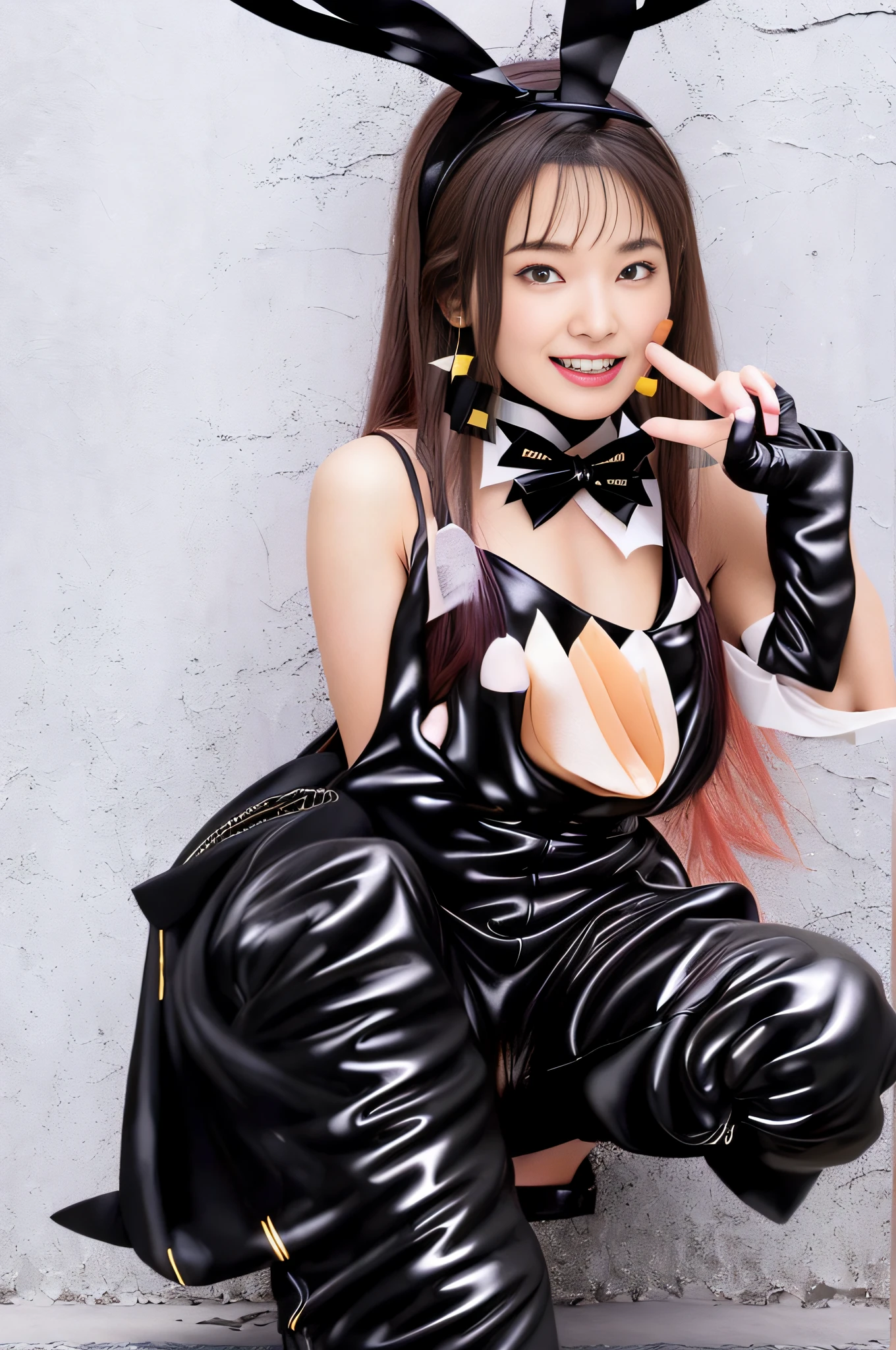 {{{Full Body Body Focus}}}、(((Black Bunny Girl Hair Band with Long Ears)))、(((Twin-tailed)))、(((Hair that flutters in the wind)))、Photorealsitic、超A high resolution、Convoluted、ultra-detailliert、(dent in the skin)、Cute、Feminine、Detailed body、Medium chest、(A detailed face: 1.1)、(Outline of the iris)、(Hydrocore Lens)、(perfect eyes)、8K picture quality、16k picture quality、Beautiful fece、(masterpiece: 1.2)、(top-quality:1.2)、Multiple beautiful women、wide-hips、slenderbody、doress、ふしだらな、Pose Seductive、stripper、crouching down、((((Open your crotch))))、Optimal ratio of 4 fingers to 1 thumb、actionpose、(((Looks Back))) 、(((Race pit for large motorcycles)))、((Black enamel knee-high boots))、((Black enamel long gloves)) 、(((Bunny girl collar and black bow tie)))