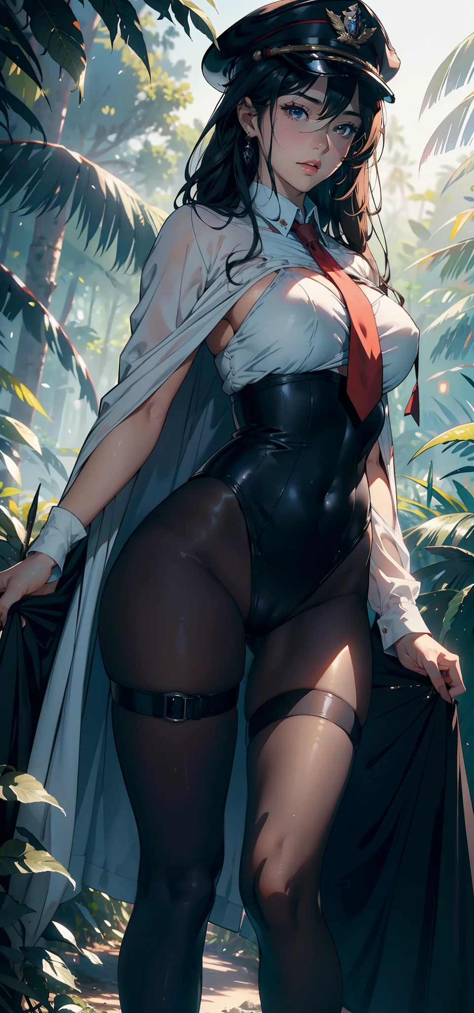 2 women's beauty pageants,25 age old,Large breasts,Pornographic exposure, 独奏,(Background with:ln the forest,the rainforest,in summer) with his long black hair,standing on your feet,Sweat profusely,drenched all over the body,seen from the front, curlies, mostly cloudy sky,(((tmasterpiece),(Very detailed CG unity 8K wallpaper),best qualtiy,cinmatic lighting,detailed back ground,beatiful detailed eyes,Bright pupils,(Very fine and beautiful),(Beautiful and detailed eye description),ultra - detailed,tmasterpiece,)),facing at camera,A high resolution,ultra - detailed),revealing breasts,Bare genitalia, Bulge,Camel toes,Raised sexy,Flushed complexion,Open-mouthed,frontage,girl soldier,military hat(Wearing:White loose shirt,black necktie,Pantyhose,Red cape)nakeness,high-heels