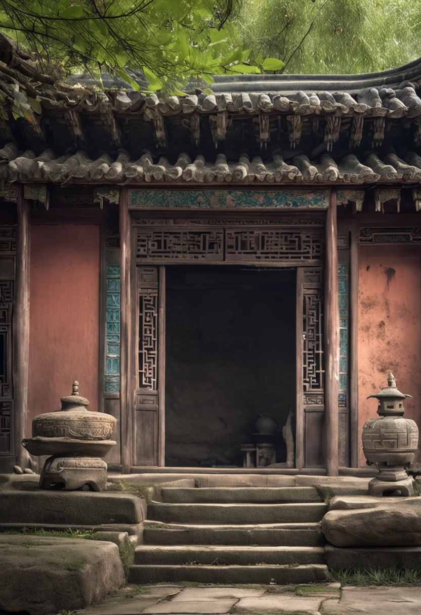 classical,Chinese Ancient Times,the Tang Dynasty,eaves,Broken,Rain runs down from the tiles,Drip onto the stone tiles below,Here are some small grasses。scenecy,Beautiful,Quaint,The home of ancient scholars。NOhumans。