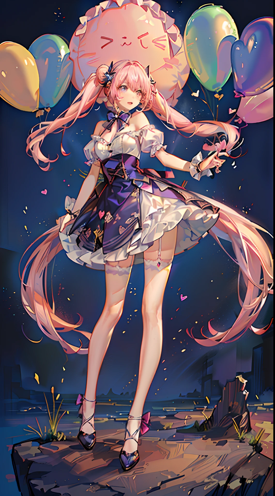 (fullbody, legs and shoes visible: 1.2)) expressive eyes, 1girl, pale skin, long hair, windblown hair, ((absurdly long hair)), long sidelocks, hime bangs, hair fringe, hair bun, ((very long twintails)), iridescent hair, light pink hair, blushing, full face blushing, big sparkling pastel purple eyes, (gradient eyes), open mouth smile, cute pose, ((holding balloons : 1.3)) 
((cute and pastel fashion)) ((🦄🎠🎈🎉 theme : 1.4)) flowy pastel dress, ((dreamy multicolored open dress)), (floating ribbons), lavender ruffles, pink frills, (light blue lace), detached short sleeves, puffy skirt, ((rainbows and stars print skirt : 1.3)), lolita skirt, purple bows, ((pompon ribbons hair ornament : 1.4)), multiple bows, striped lace stockings, (heart shaped leg garter), cute (pastel purple) shoes ((hyperdetailed clothing and fashion)) looking at you, vintage girl, blushing, (beautiful detailed eyes), (extremely detailed CG unity 8k wallpaper) (best shadow), ((an extremely delicate and beautiful)), (detailed light), ((depth of field)) big head, big sparkling eyes, moe, splash art, cinematic lighting, frontal view, volumetric lighting maximalist photo illustration 64k resolution high res intricately detailed complex key visual precise linear 
((in the dreamy pastel sky background, surrounded by sunset clouds, shooting stars, castles in the clouds)) ((hyperdetailed scenery, foggy clouds, suspended by balloons, hearts : 1.3))