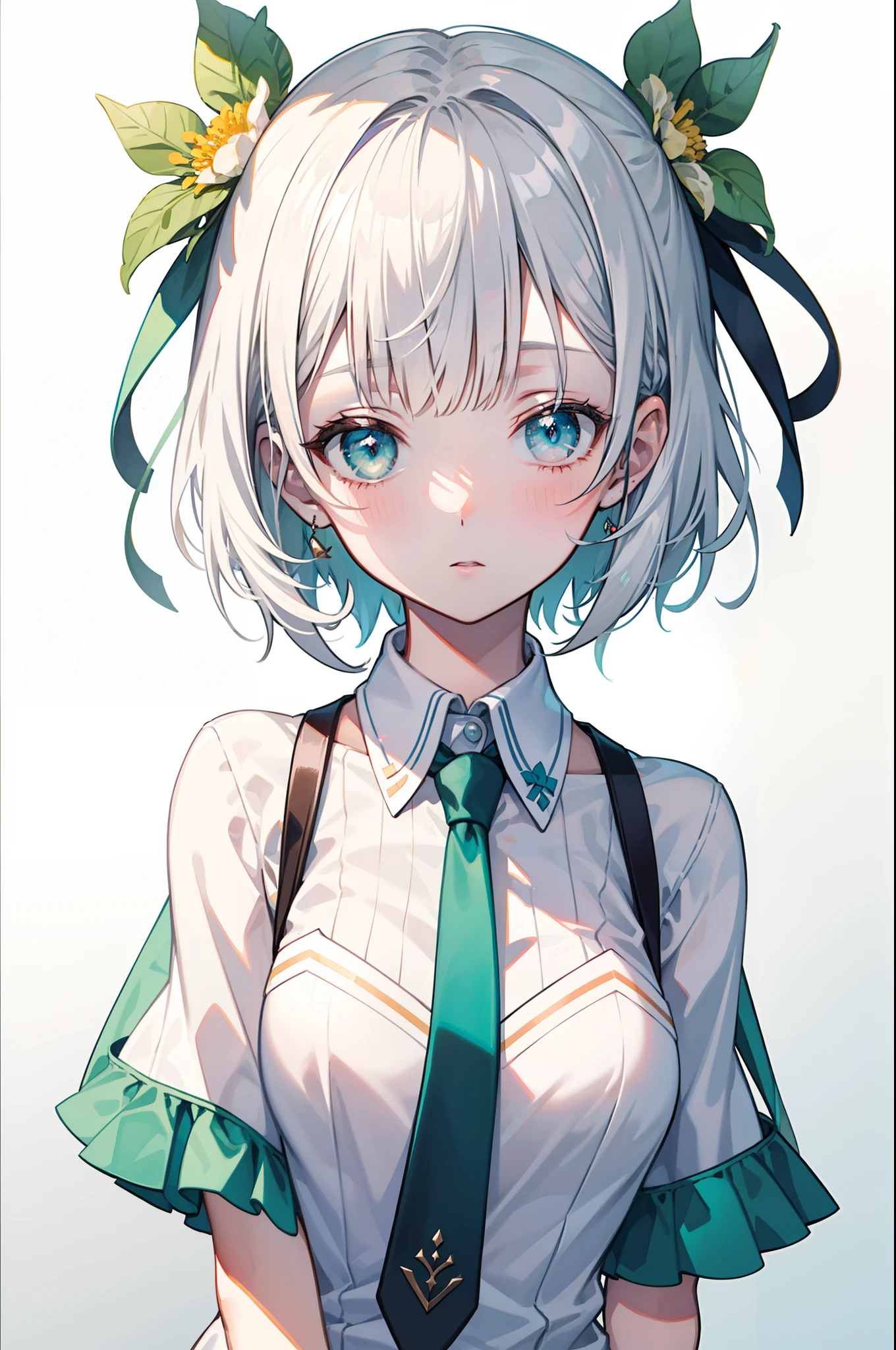 masterpiece, best quality, best illustration, ultra-detailed, upper body, solo, 1 girl, looking at viewer, upright, arms at sides, beautiful detailed eyes, concept art, blunt bangs, white dress, necktie, from front, white background, simple background, white hair, green gradient hair, short sleeves, watercolor pencil, expressionless, blush, virtual youtuber, short hair