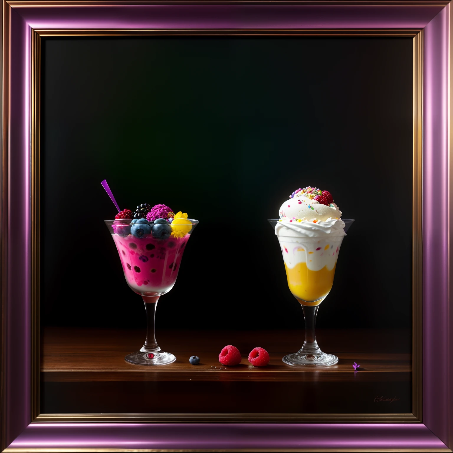 Colorful flowers on the table,
knickerbocker glory, tall and ultra-thin glasses, colorful ice cream, purple ice cream, raspberry, cooley, blueberry, chopped chocolate, powdered sugar, intricate, oil on canvas, masterpiece, expert, detail, 4K resolution, splash art, concept art, composition, framing, refined features,