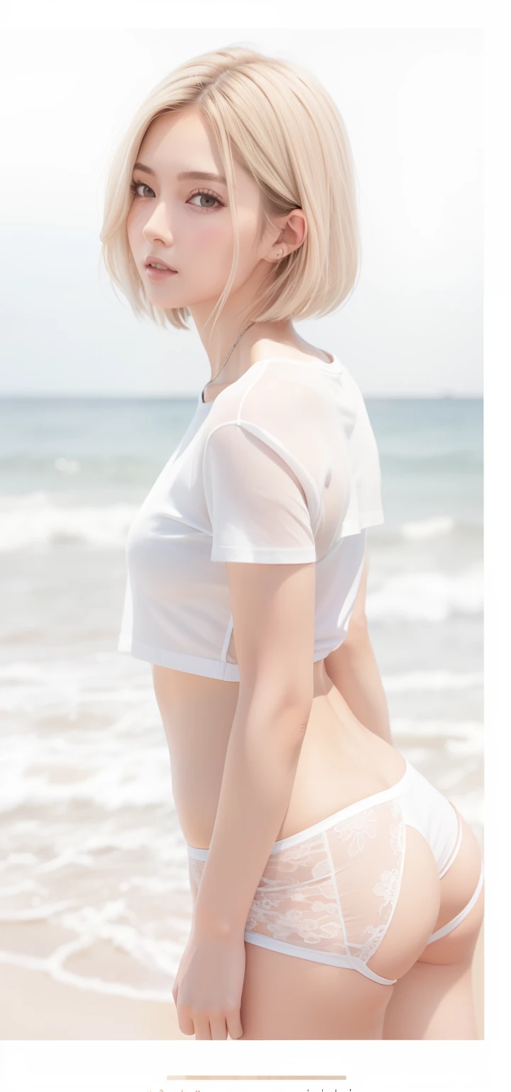 Close up portrait of a person standing on the beach near the sea, large boob、Wearing a white sheer T-shirt, side profile waist up portrait, A dark-haired、With short hair, side portrait of cute girl, Side portrait of a girl, Plain white sheer T-shirt, dressed in a white t-shirt, White T -shirt, White T-shirt, White T -shirt, girl with short white hair、emphasis on the buttocks、black panties、One big butt、Taiwanese beauty、Korean Beauty、japanese beautiful woman、